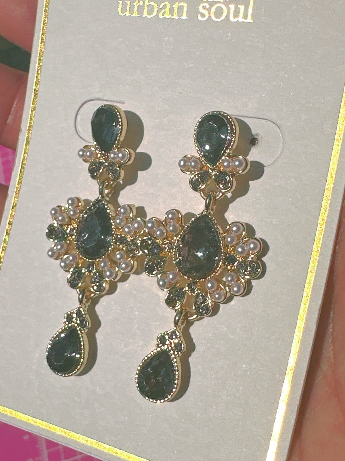Designer Urban soul earrings gold tone gray crystals white beads drop Size ONE SIZE - 3 Thumbnail