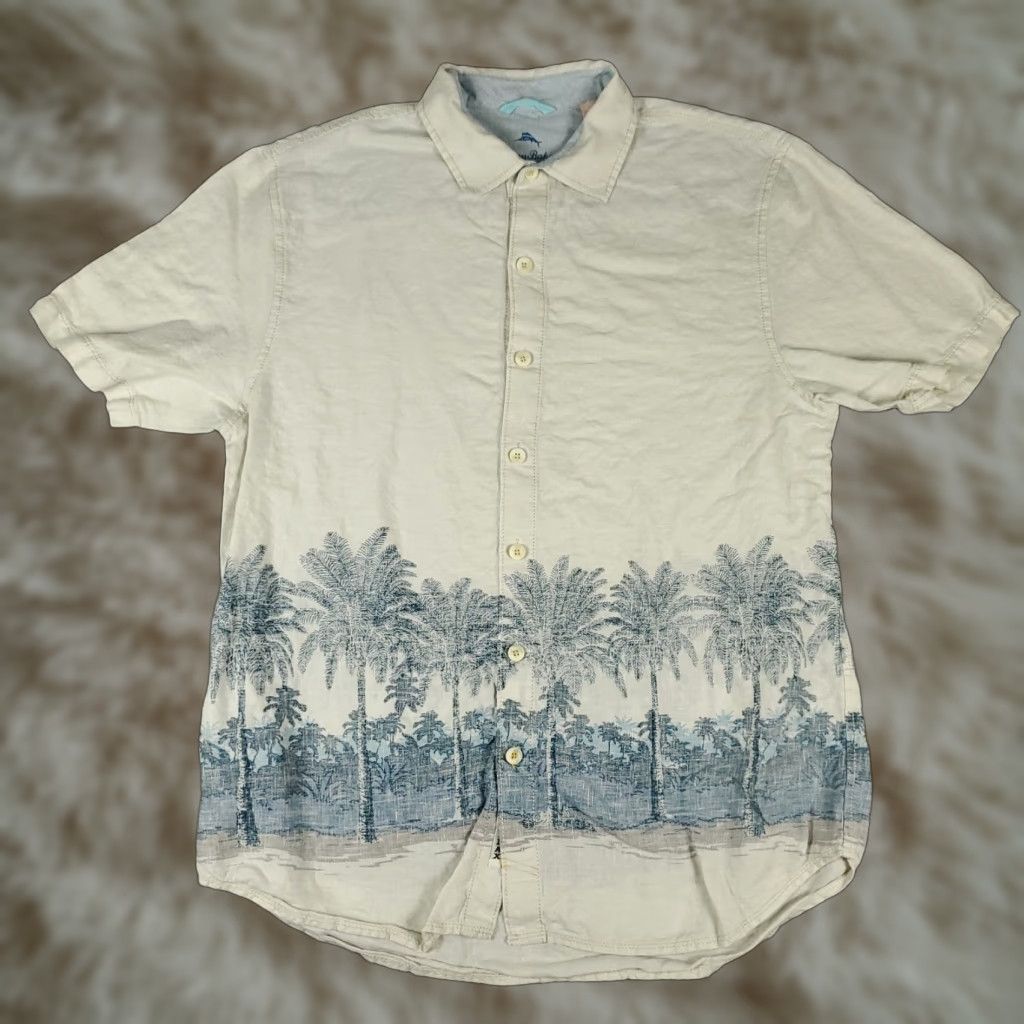 Tommy Bahama Tommy Bahama Shirt Mens Large Off-White Blue Linen Hawaiian Button Up Size US L / EU 52-54 / 3 - 1 Thumbnail