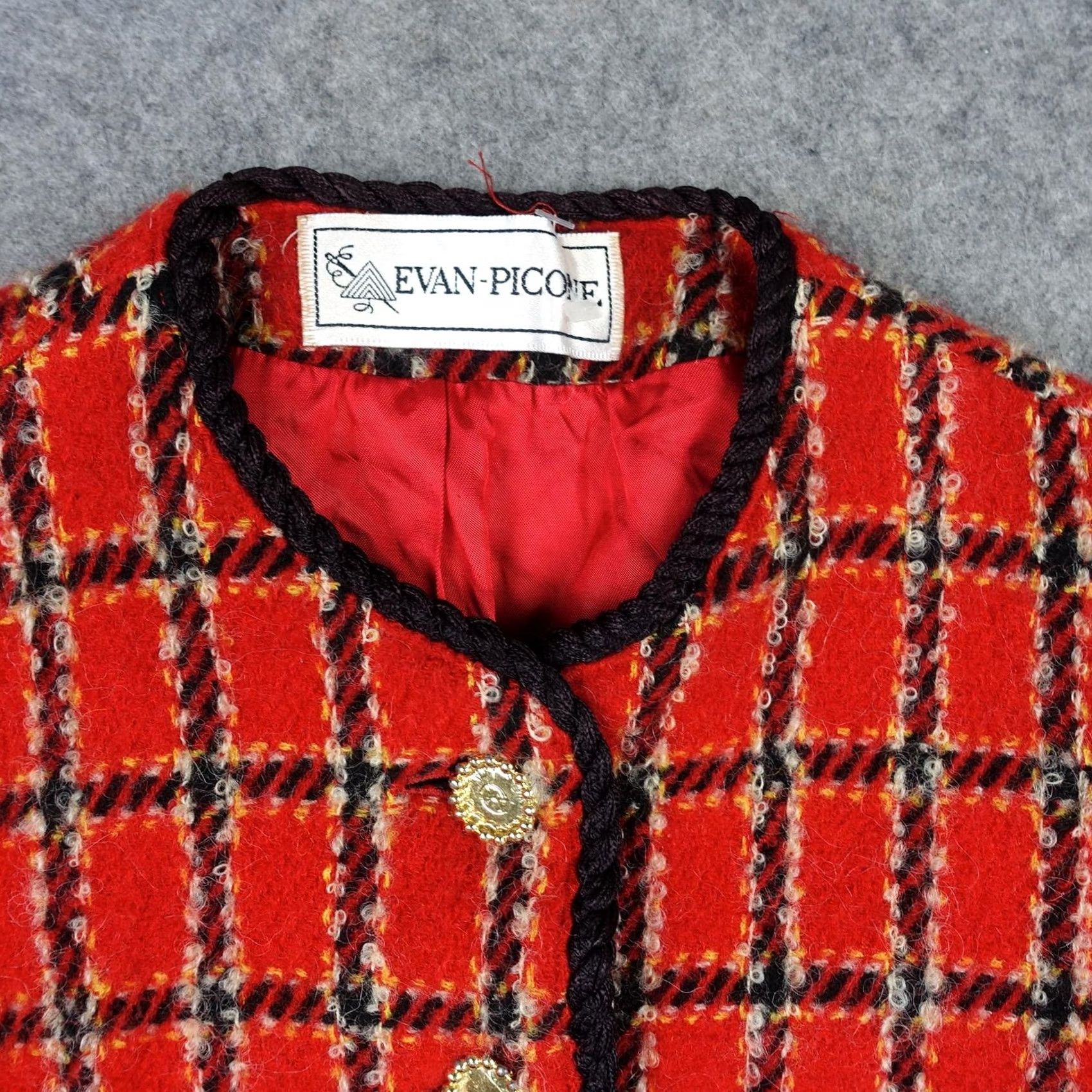 Evan Picone VINTAGE Evan Picone Jacket Womens 6 Red Plaid Wool Tweed Collarless Short Coat/Blazer USA Size M / US 6-8 / IT 42-44 - 6 Thumbnail