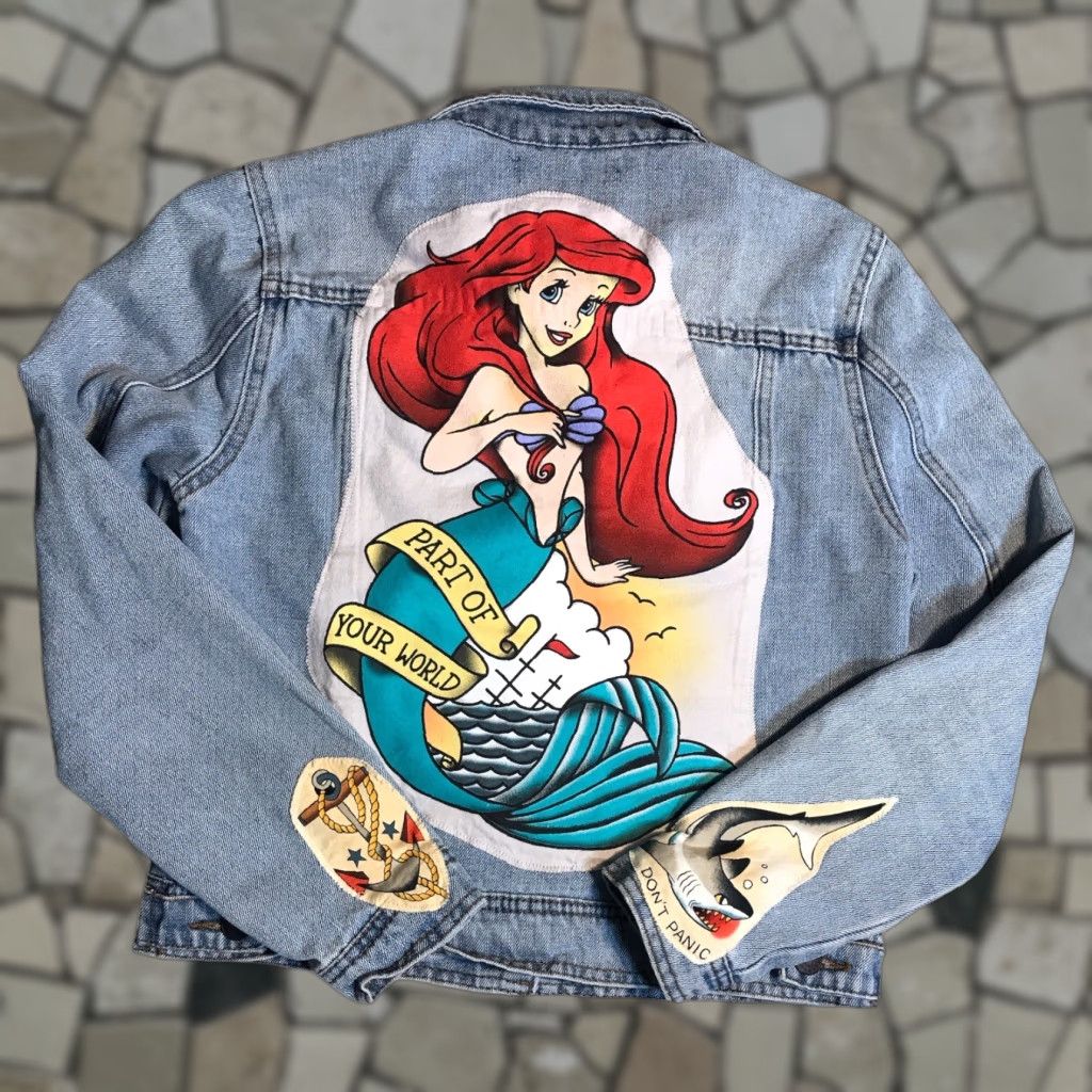 Denime REFUGE Blue Denim Jean Jacket Patches Womens Medium Mermaid Sailor Color Blue Size 32" / US 10 / IT 46 - 1 Thumbnail