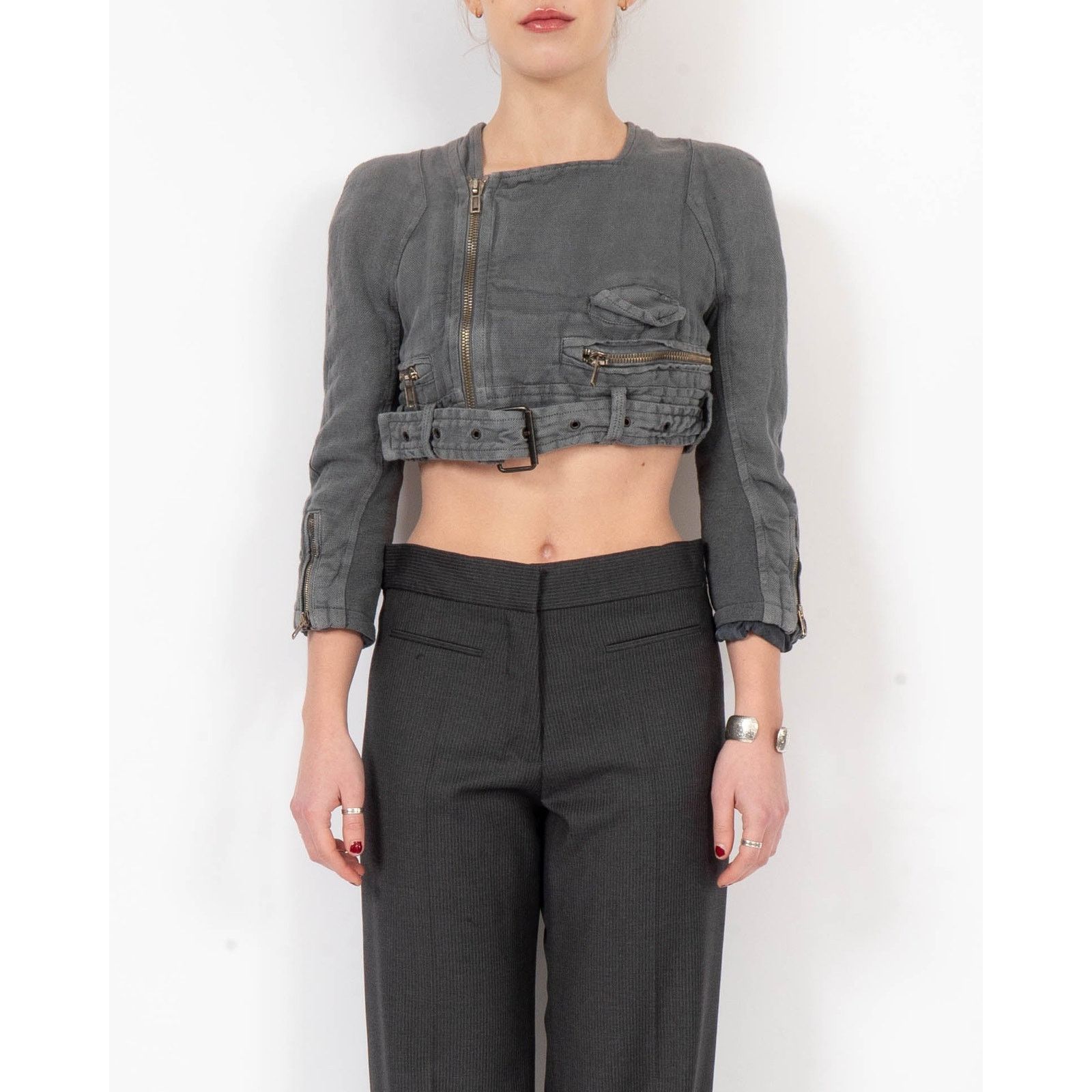Haider Ackermann SS16 Grey Cropped Cotton Biker Jacket Size S / US 4 / IT 40 - 4 Thumbnail