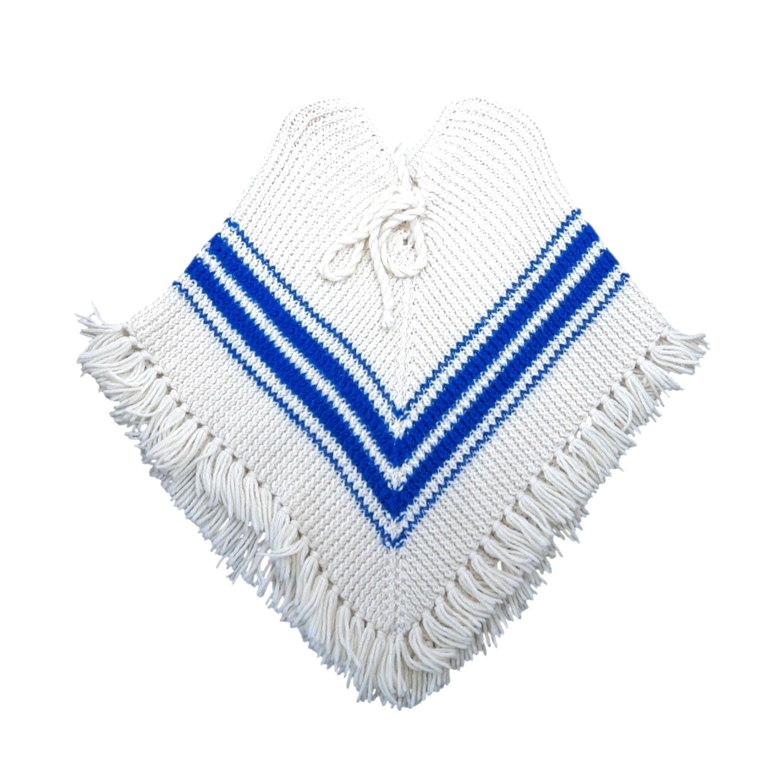 Vintage VINTAGE Cream and Blue Stripe Knit Poncho Sweater Fringe Trim Womens M Pullover Knit Acrylic Bohemian Hippie 70s Size M / US 6-8 / IT 42-44 - 5 Thumbnail