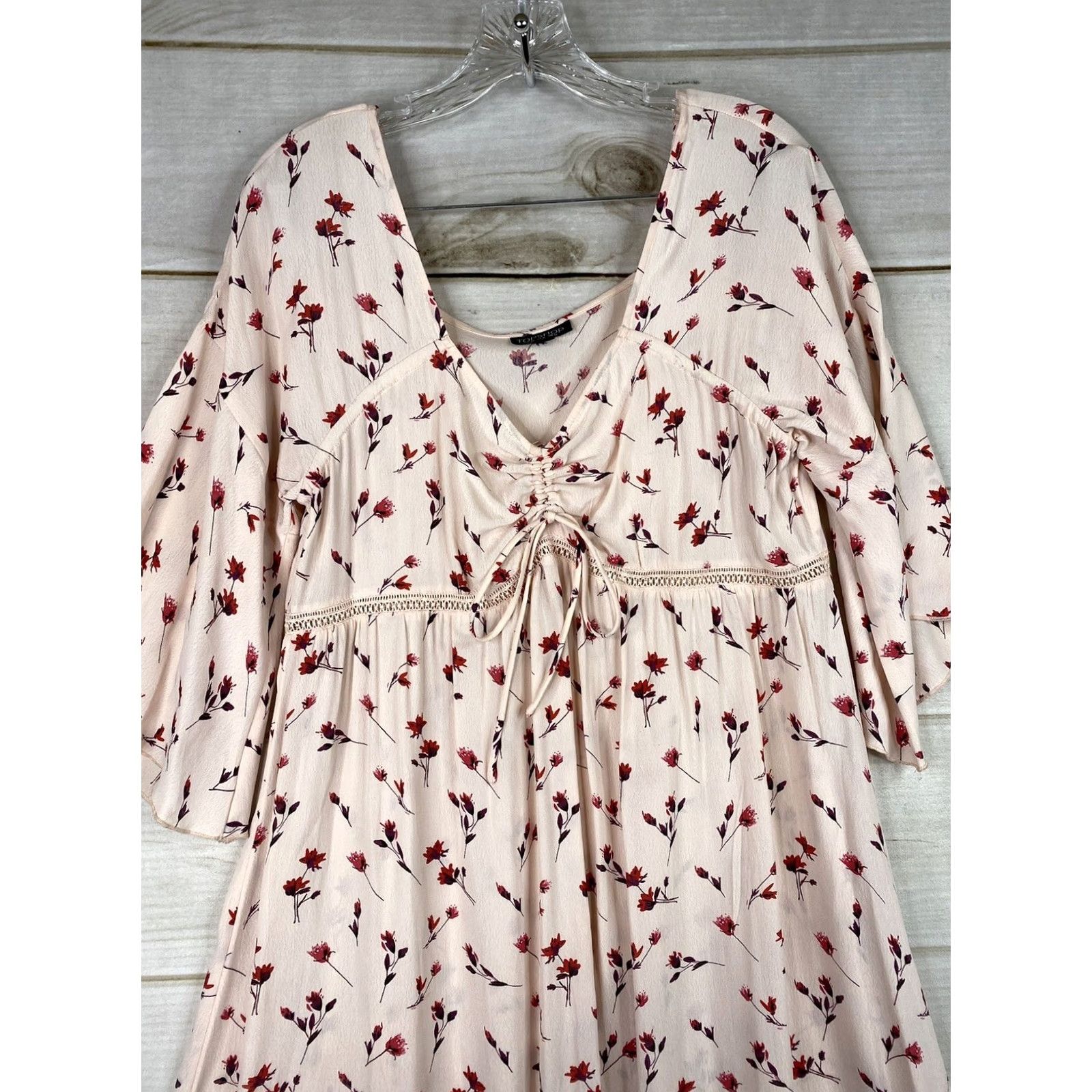 Topshop VINTAGE NOT APPLICABLE Topshop Dress Womens 8 Pink Floral 3/4 Sleeve Maxi High Low Viscose Ruched Shirts? Size M / US 6-8 / IT 42-44 - 2 Thumbnail