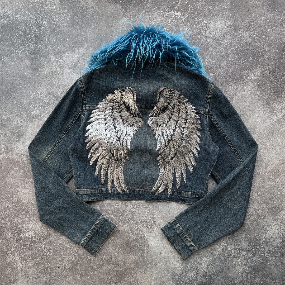 If Six Was Nine Angel Wings Y2K Gothic Vintage Washed Denim Cropped Jacket Size S / US 4 / IT 40 - 2 Thumbnail