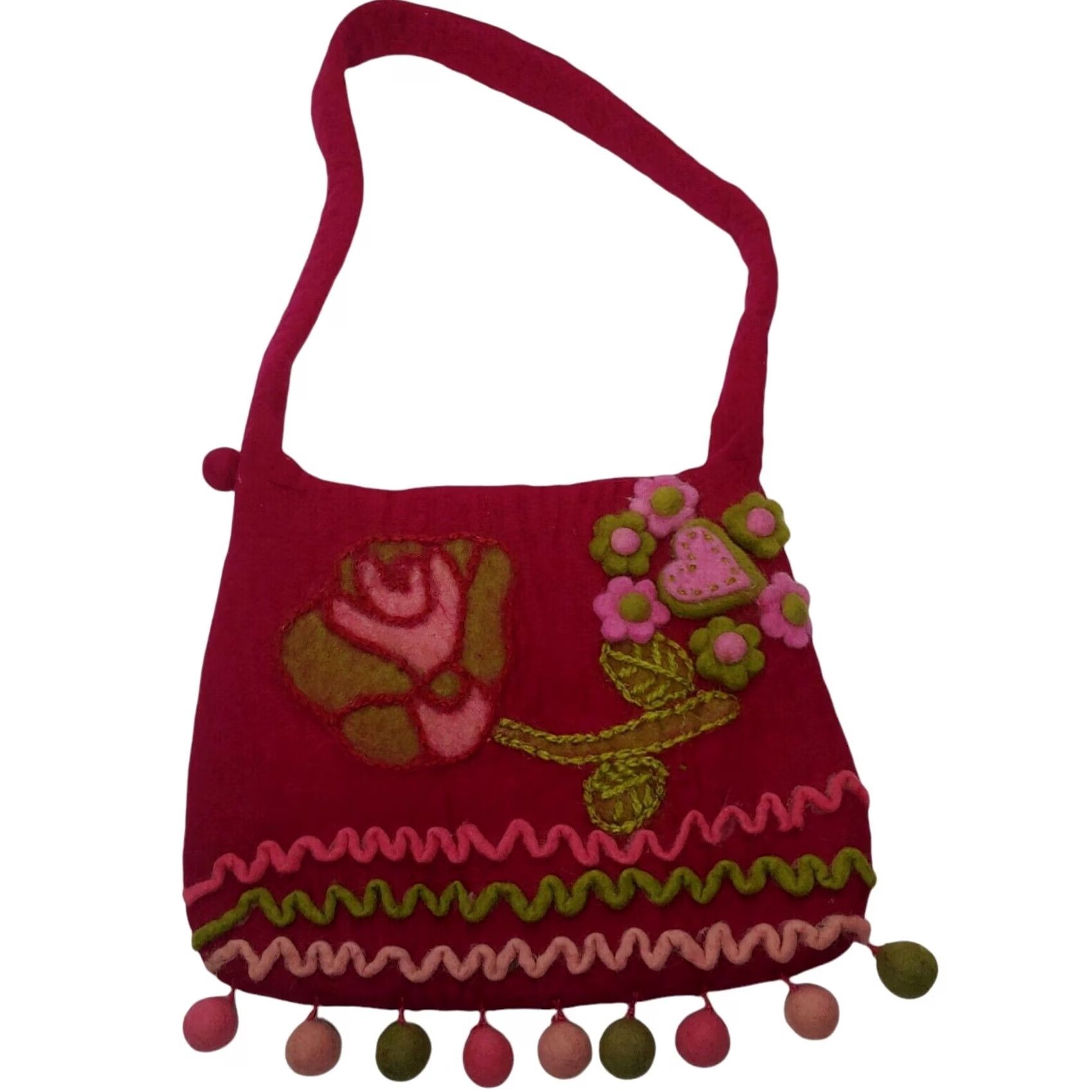 Vintage Uttam London Felted Wool Purse Pink Rose Heart Flower Pom Pom Boho Hippie Zip Bag Shoulder Bag Women 11.5" Pink Green Floral Hearts Size ONE SIZE - 6 Thumbnail