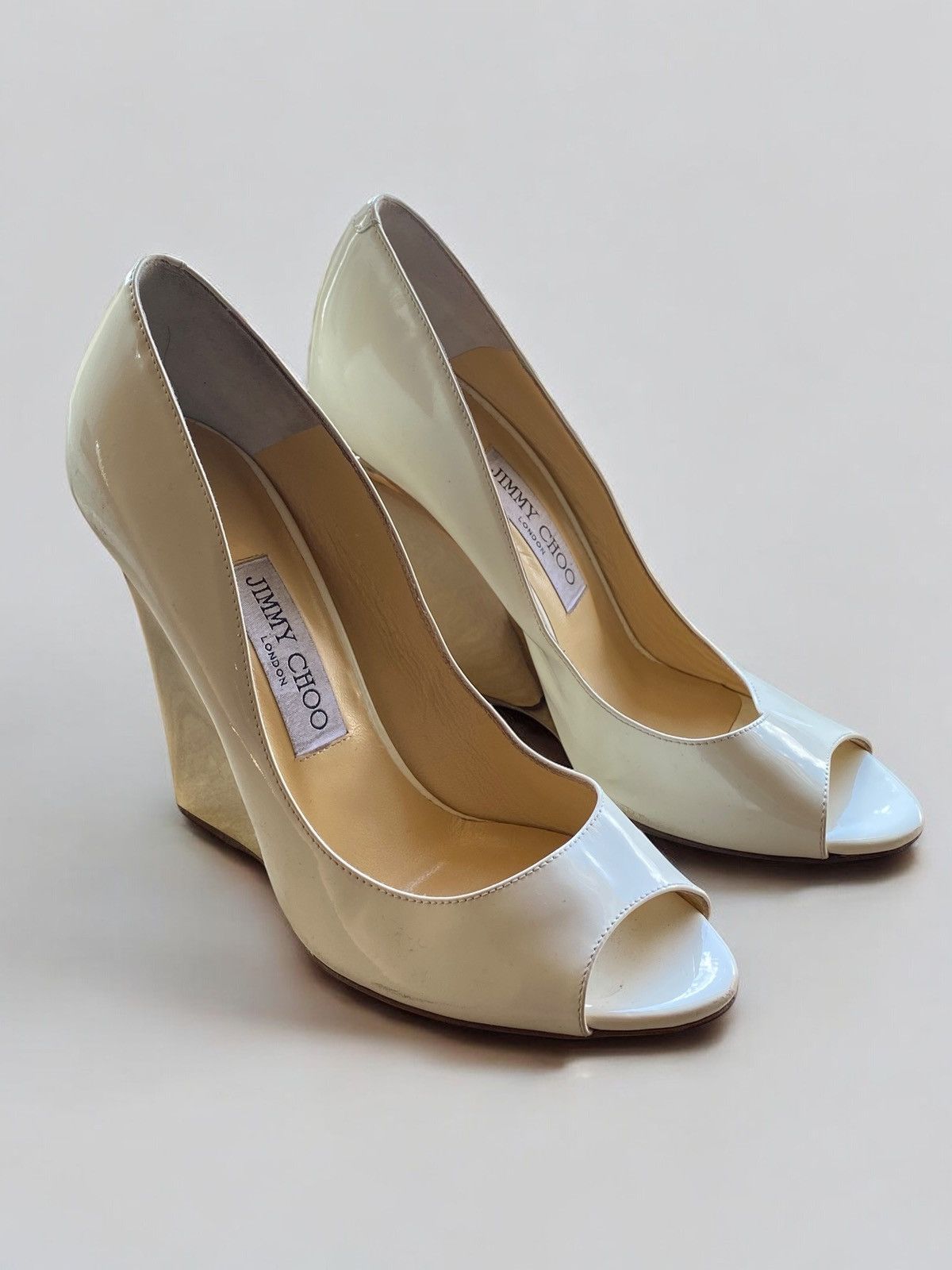 Jimmy Choo Jimmy Choo White Gold Patent Leather Peep Toe Heels Size US 7 / IT 37 - 1 Thumbnail