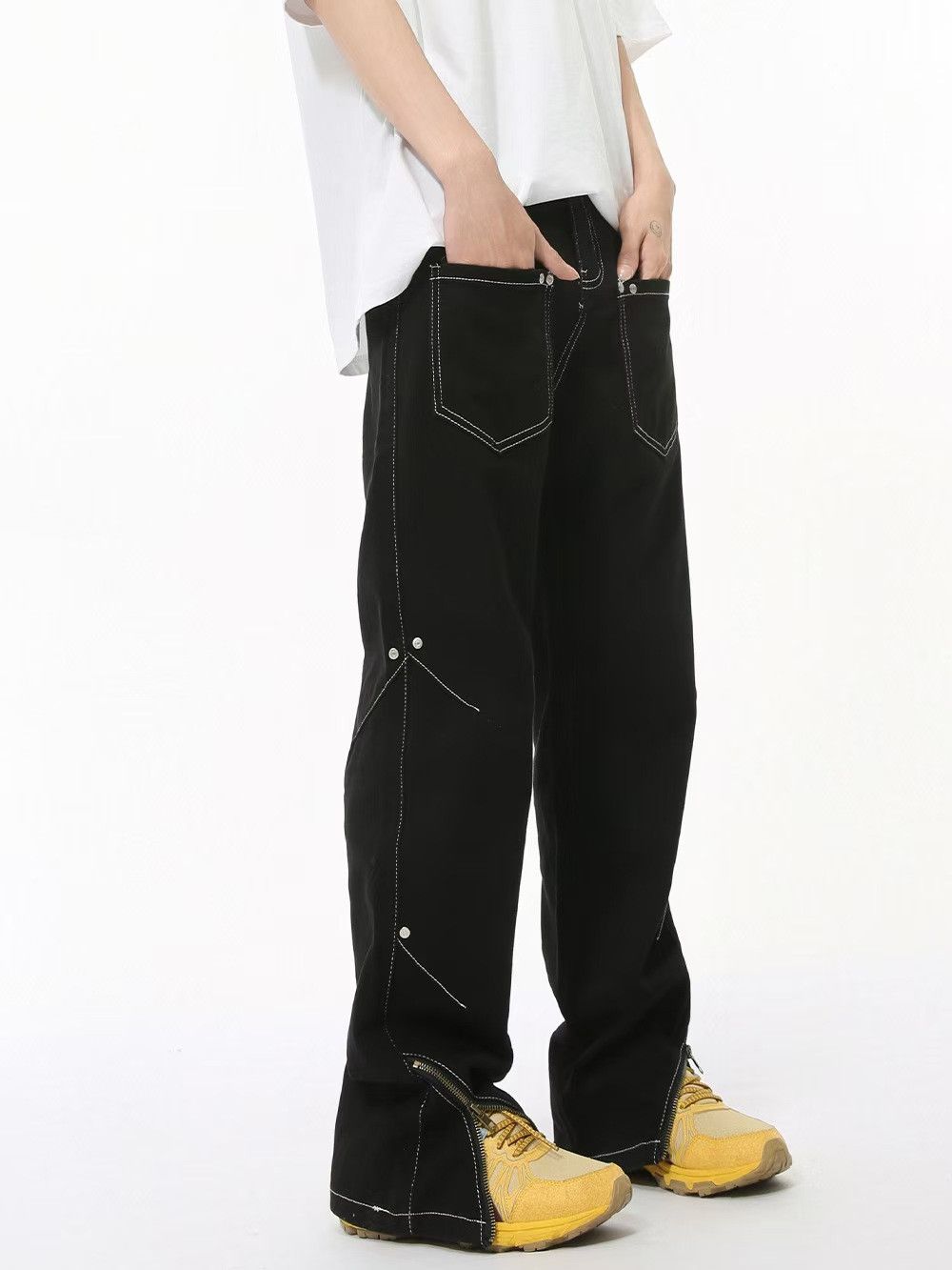 Japanese Brand × Jean Street Hip Hop Bright Line Design Patchwork Pocket Jeans Size US 30 / EU 46 - 1 Thumbnail