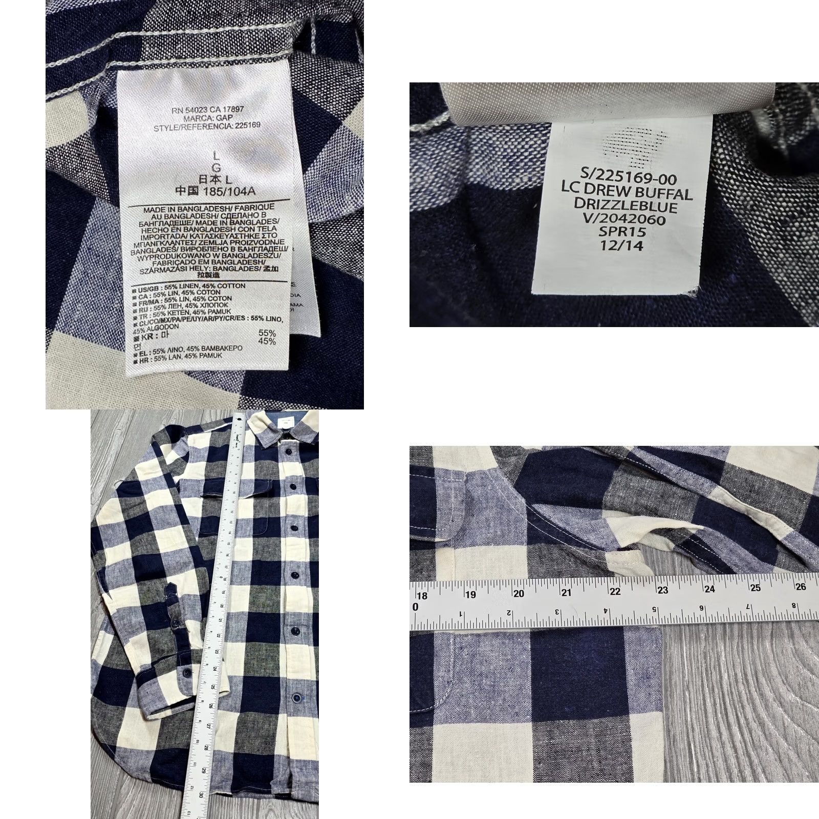 Gap Gap Button-Up Shirt Linen Blend Long Sleeve Blue White Check Gingham (L) Mens Casual Shirt Size US L / EU 52-54 / 3 - 8 Thumbnail