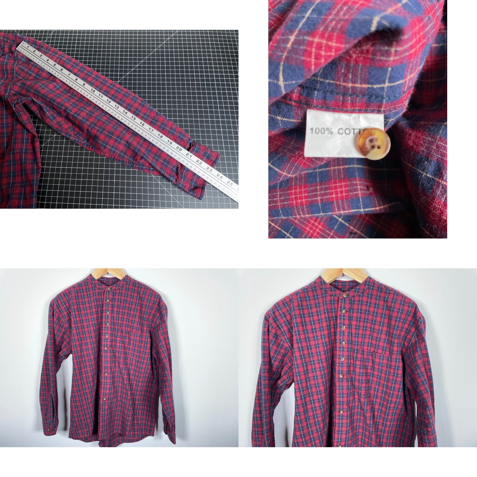 Lee Lee Valley Ireland Grandfather Shirt Men L Red Blue Plaid Band Collar Flannel Cotton Button-Up Long Sleeve Christmas? Size US L / EU 52-54 / 3 - 8 Thumbnail