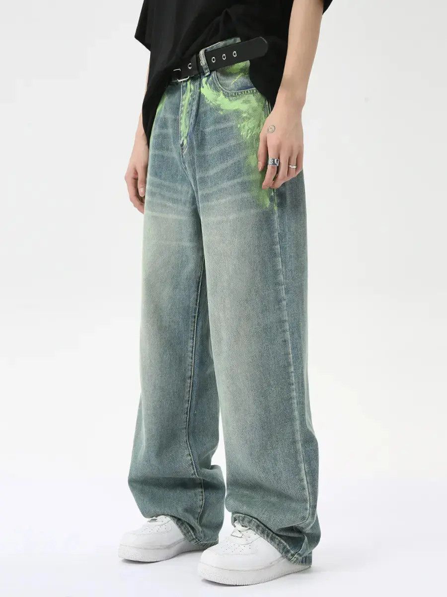 Retro loose hand-painted straight leg jeans