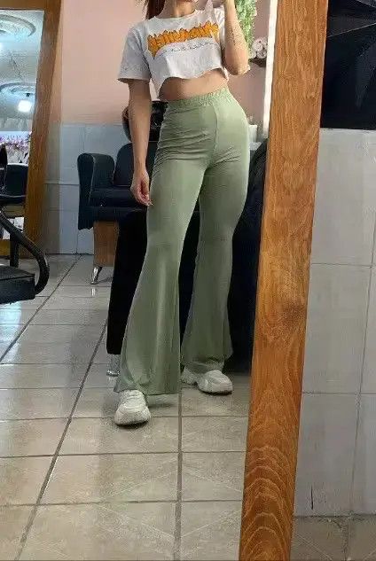 Solid Green High Waist Woman Flare Pants