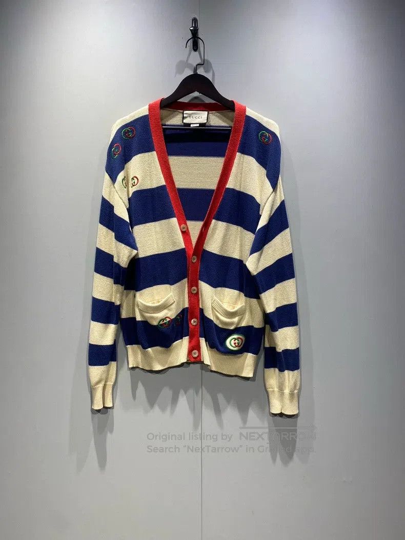 Gucci Blue striped red double Glogo knitted sweater cardig