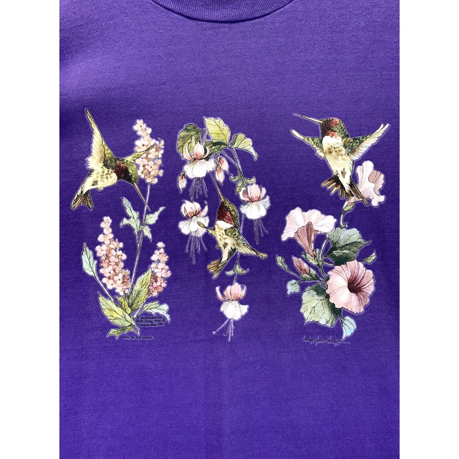 Vintage VINTAGE Womens T Shirt USA Made Hummingbird Floral Graphic Large Purple 1990s Cotton Shirt Size L / US 10 / IT 46 - 4 Thumbnail