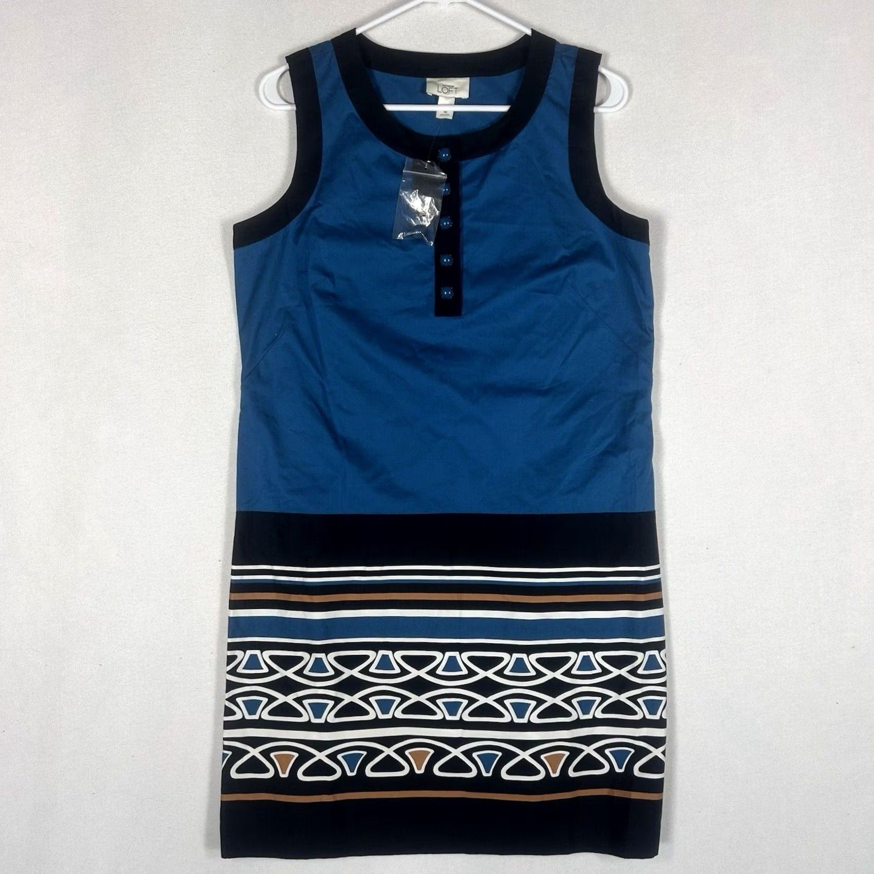 Loft VINTAGE Loft NEW Mini Summer Dress Womens 10 Blue Geometric Button Up Casual Party NWT Size L / US 10 / IT 46 - 2 Thumbnail