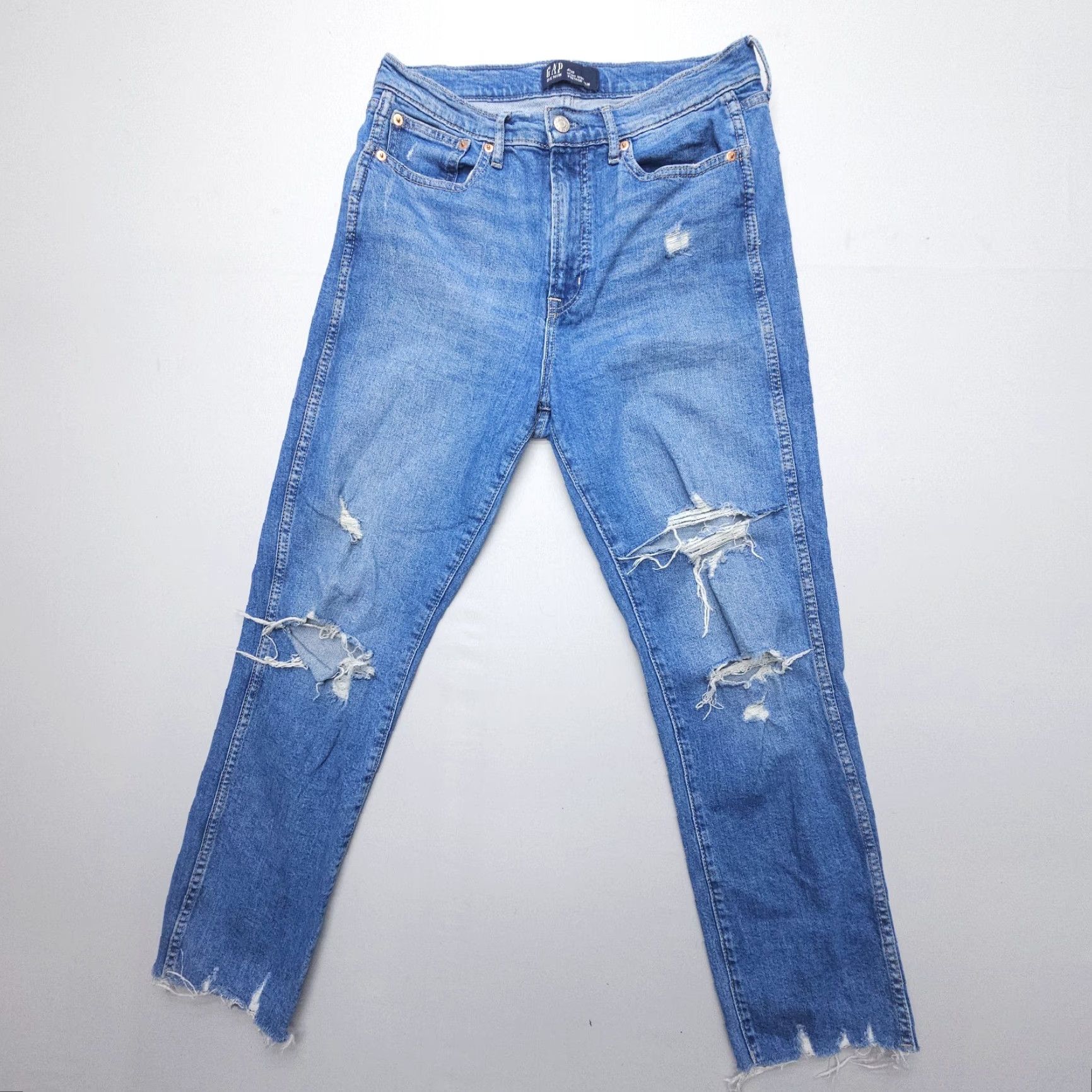 Gap VINTAGE Gap High Rise Slim Jeans Womens 8 / 29 Blue Distressed Denim Stretch Straight 5-Pocket Womens 90s Theme Size 30" / US 8 / IT 44 - 2 Thumbnail