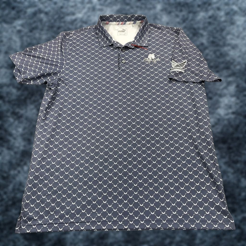 Puma PUMA Golf Polo Shirt Mens L Gray Blue Geometric Short Sleeve Collared Button Regular Stretch Casual Pattern Logo Family: Wolf Creek? Size US L / EU 52-54 / 3 - 1 Thumbnail