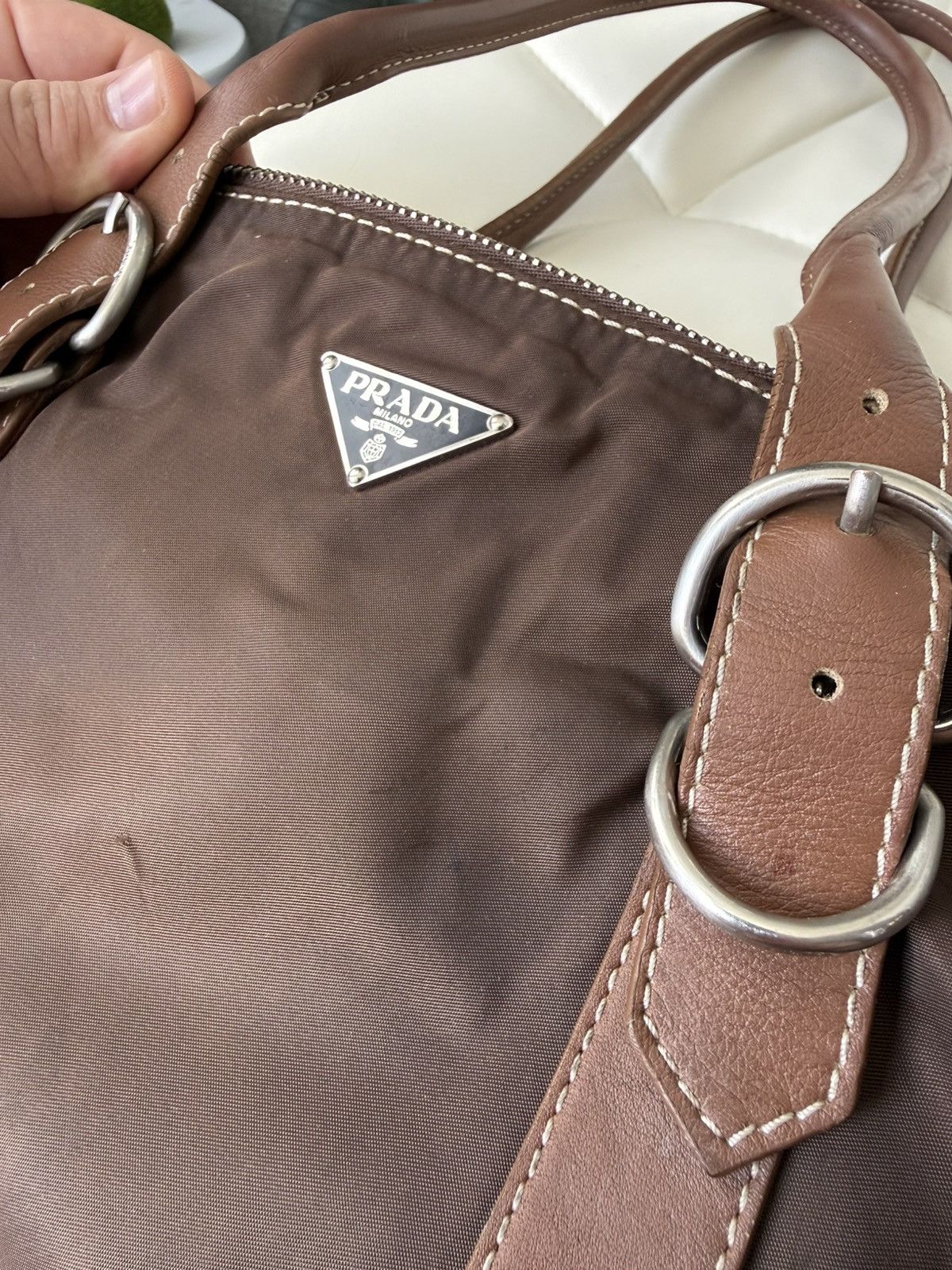 Prada Vintage 00s Prada Triangle Logo Nylon & Leather Brown Bag Size ONE SIZE - 9 Thumbnail