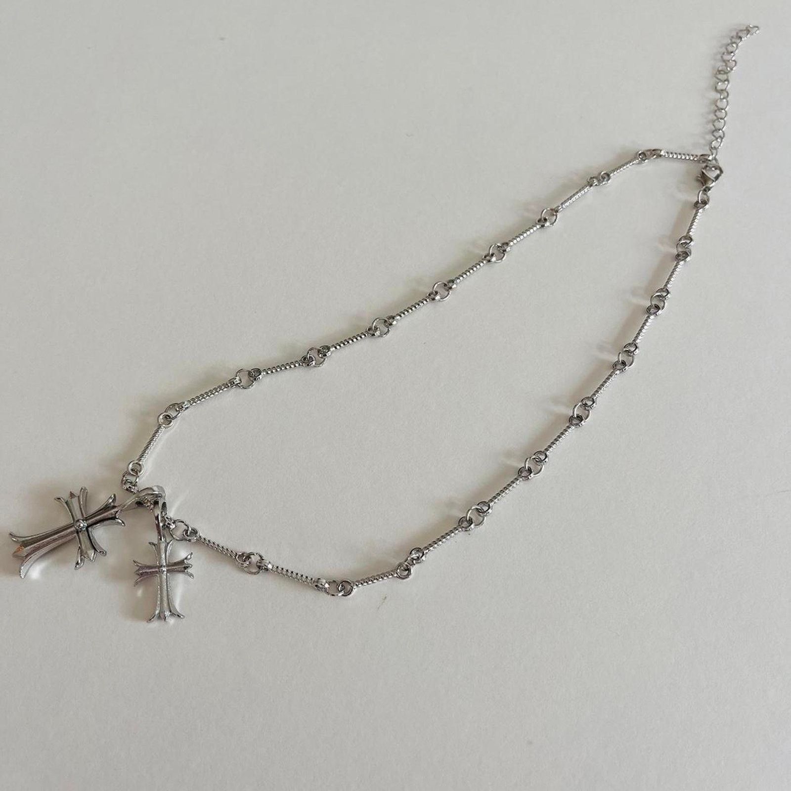 Vintage Vintage Double Cross Silver Necklace Rhinestone Cross Size ONE SIZE - 4 Thumbnail