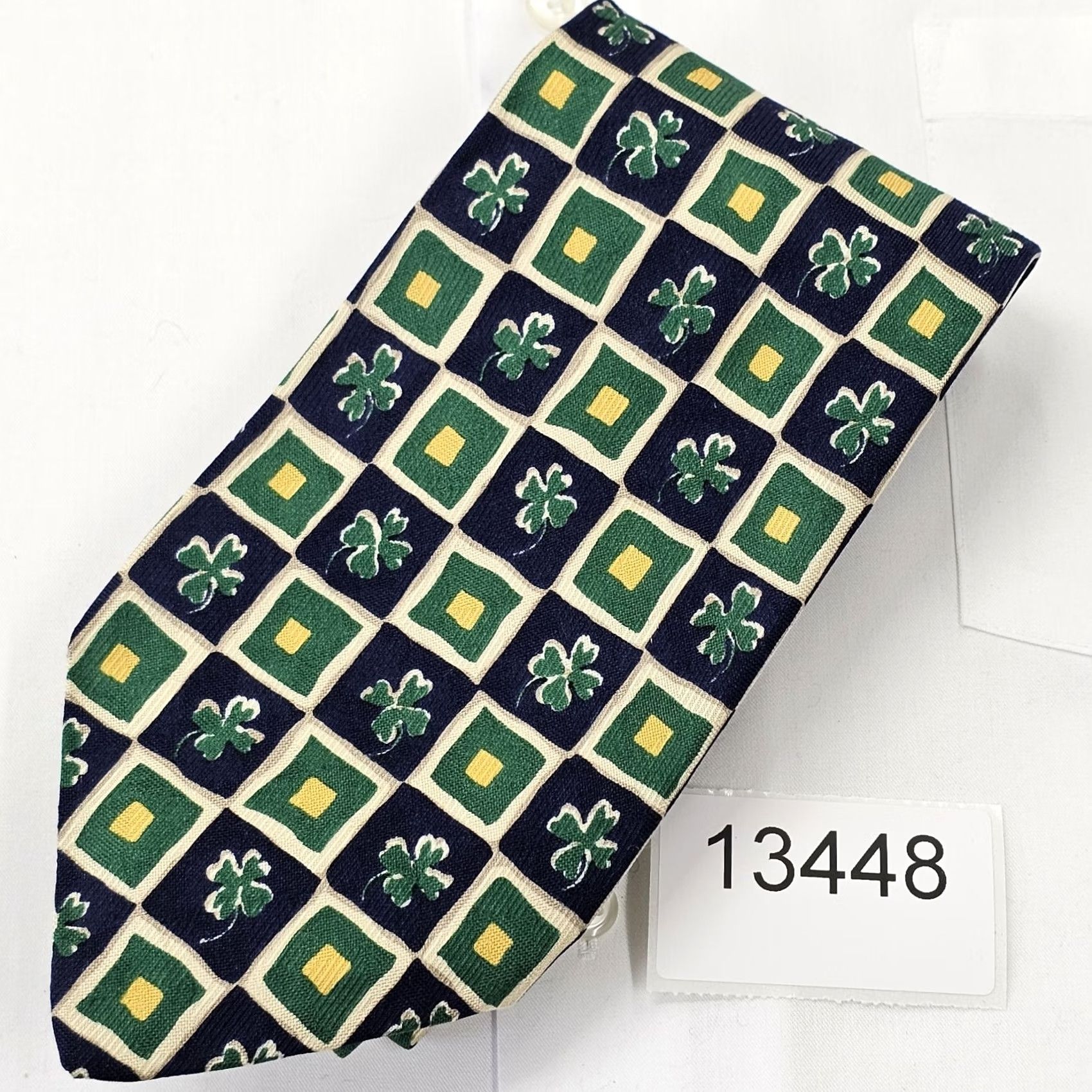 Robert Talbott Robert Talbott Necktie Mens Green Blue Silk Clover St. Patricks Woven Tie USA Tie Pattern Geometric Adult Classic 57 1/2" 4" Width Mens Size ONE SIZE - 8 Thumbnail