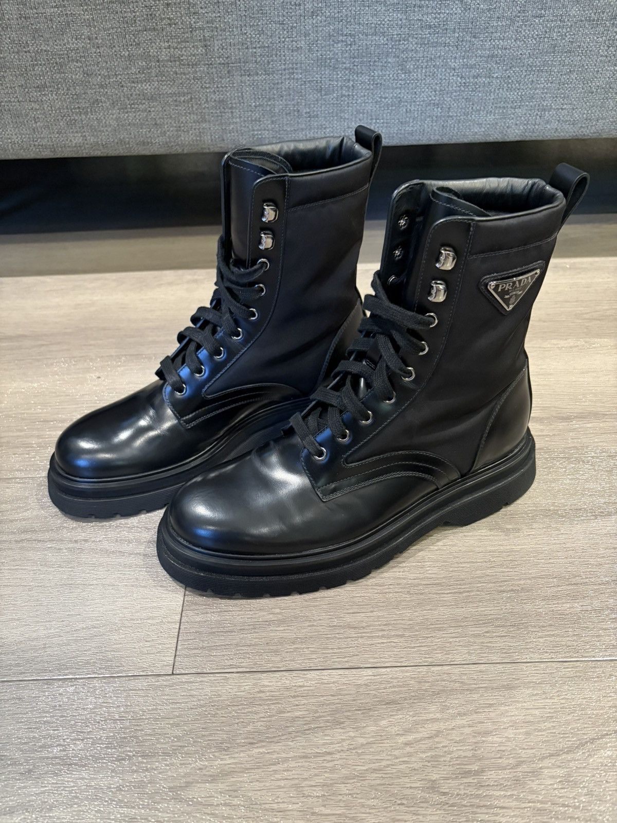 Prada Triangle logo combat boots in leather and nylon Size US 8 / EU 41 - 3 Thumbnail