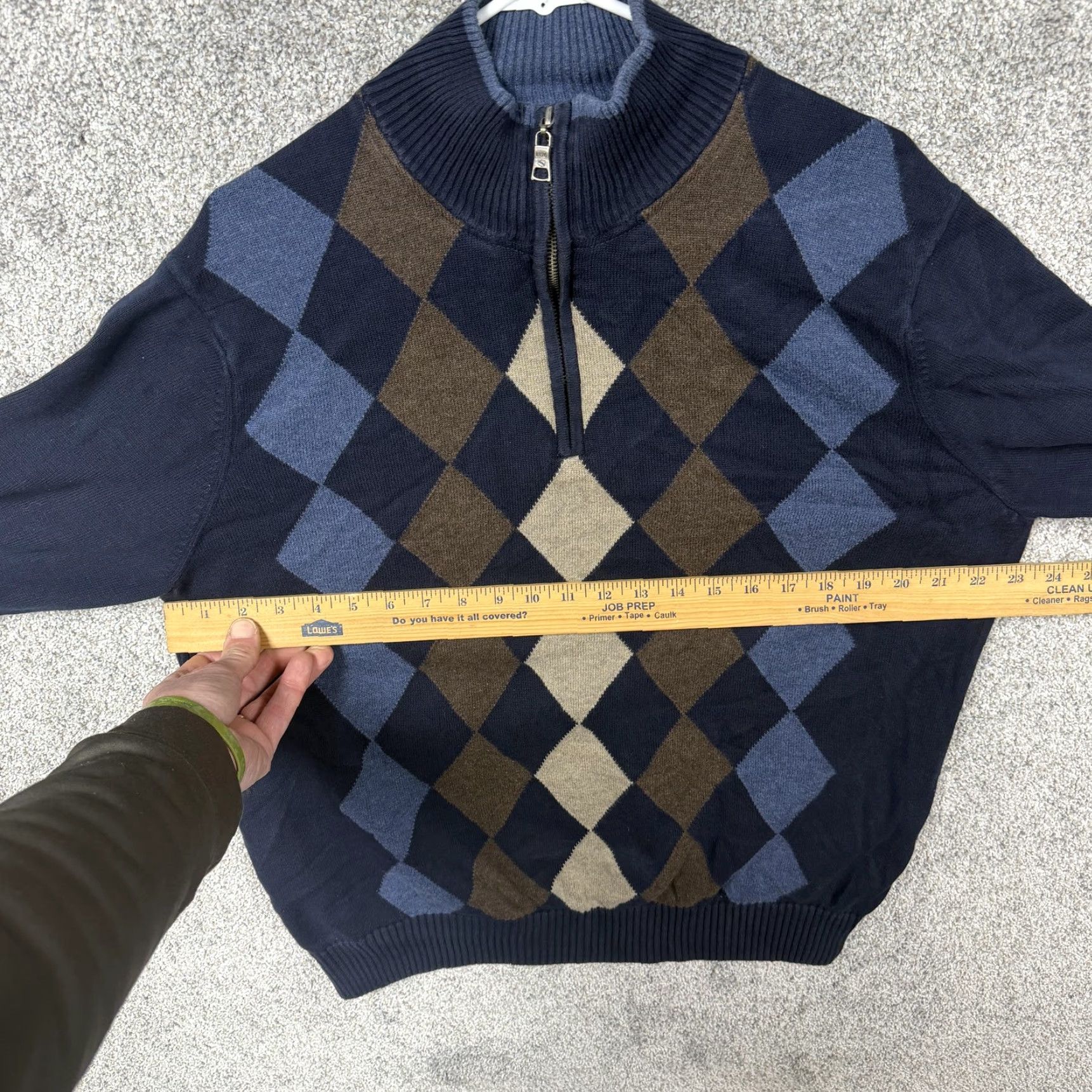 Vintage Bass Men Sweater L Blue Brown Argyle 1/4 Zip Mock Neck Pullover Knit Cotton Dark Academia Navy 90s Preppy casual Mens Size US L / EU 52-54 / 3 - 4 Thumbnail