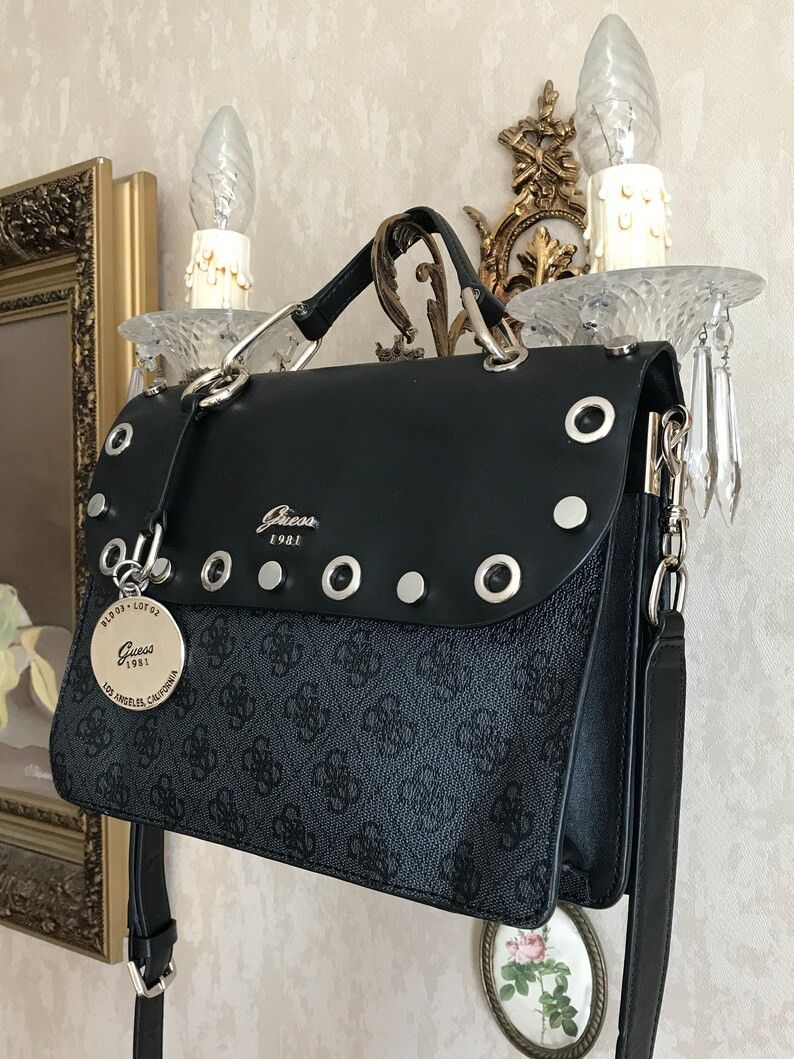 Guess x Vintage Messenger Bag Grey Black Canvas One Handle Flap Bag, Women's
