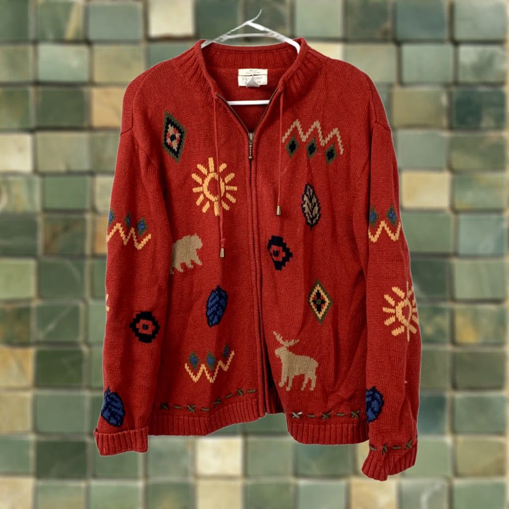 Vintage VINTAGE Christopher & Banks Women's Red XL Sweater Jacket Cabincore Moose Bears Satin Prose? Size XL / US 12-14 / IT 48-50 - 1 Thumbnail