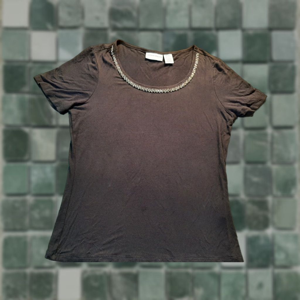 Vintage Jaclyn Smith Shirt S Black Short Sleeve Beaded neckline Top Womens Regular Short Sleeve Shirt S Black Beaded neckline Jaclyn Smith Women’s Top Size S / US 4 / IT 40 - 1 Thumbnail