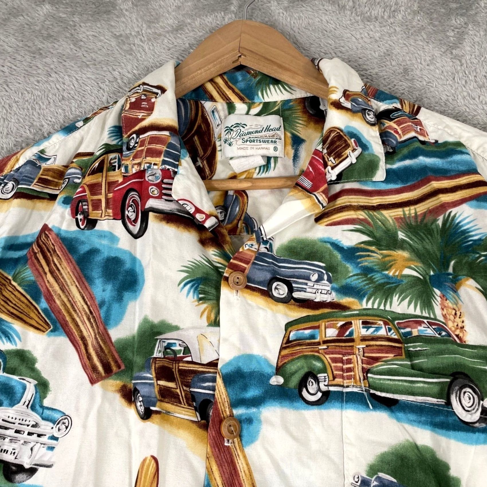 Vintage VINTAGE Diamond Head Sportswear Shirt Mens Large White Woody Wagon Surf Rayon Hawaiian Size US L / EU 52-54 / 3 - 5 Thumbnail
