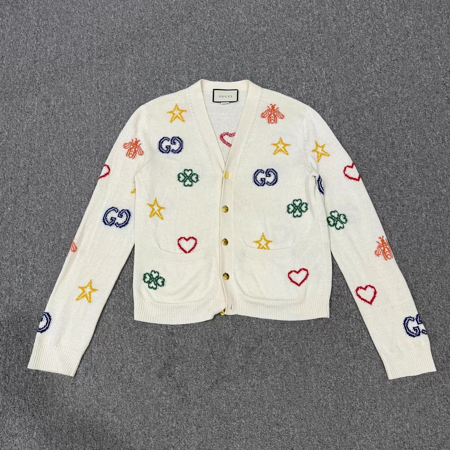 Gucci White Knit Cardigan with Star, Heart & Bee Patterns - S Size US S / EU 44-46 / 1 - 1 Thumbnail