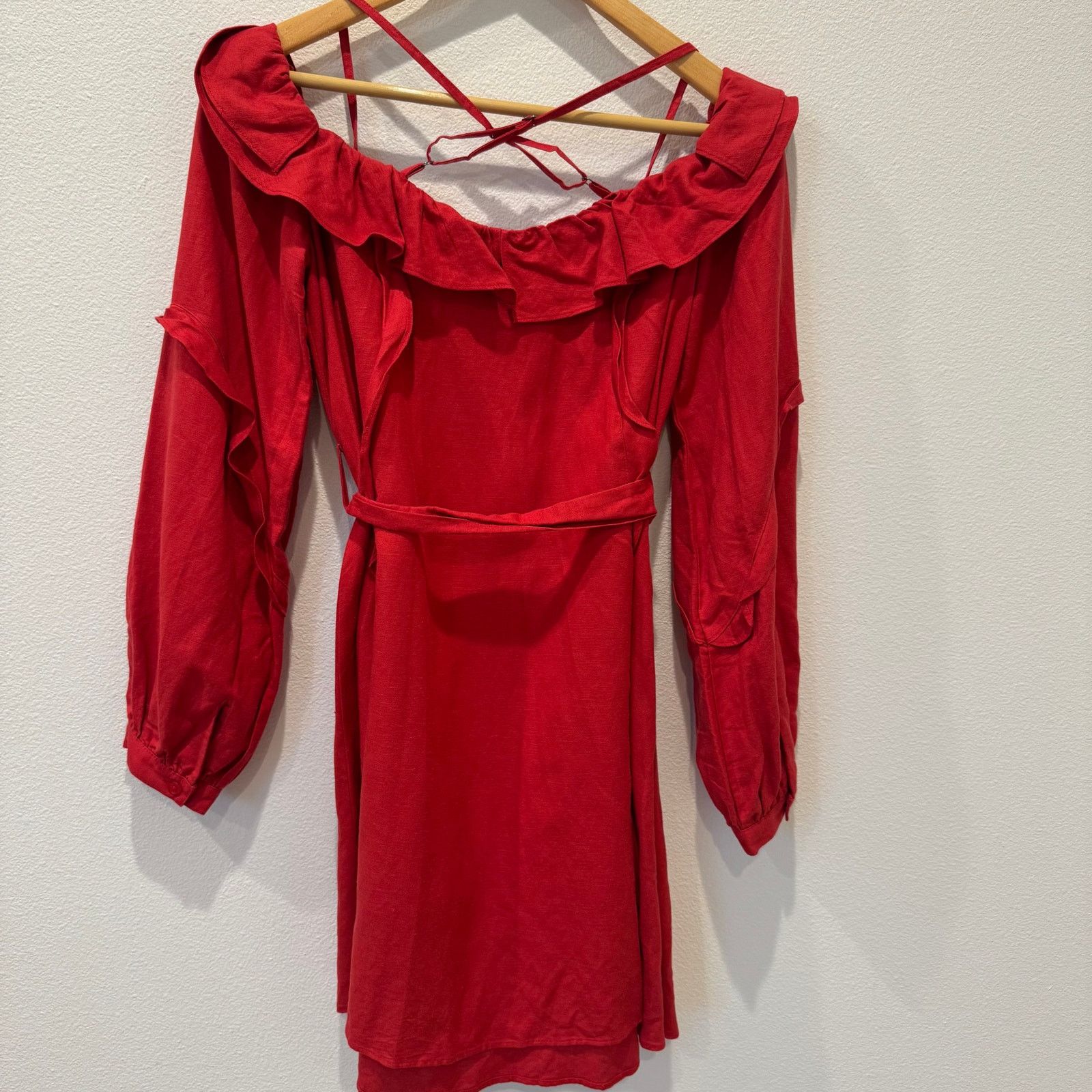 REVOLVE Marissa Webb Red Ruffle Off The Shoulder Belted Mini Dress Size S / US 4 / IT 40 - 6 Thumbnail