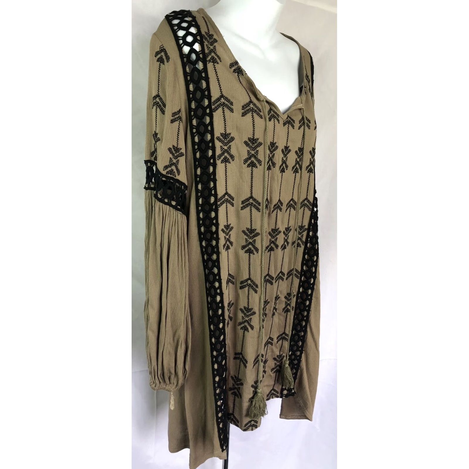 Vintage VELZERA Mini Dress S Brown Geo Tie ScoopNeck Hippie Boho Peasant Beach Cover Up Size S / US 4 / IT 40 - 2 Thumbnail
