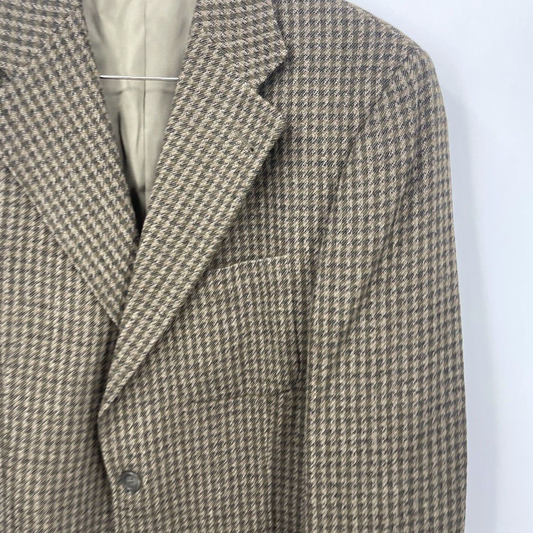 Nordstrom VINTAGE Mickey Spatz Men's Wool Blazer Jacket Single-Breasted 3-Button Houndstooth Beige Casual Business 1980s Mens Size 40R - 5 Thumbnail
