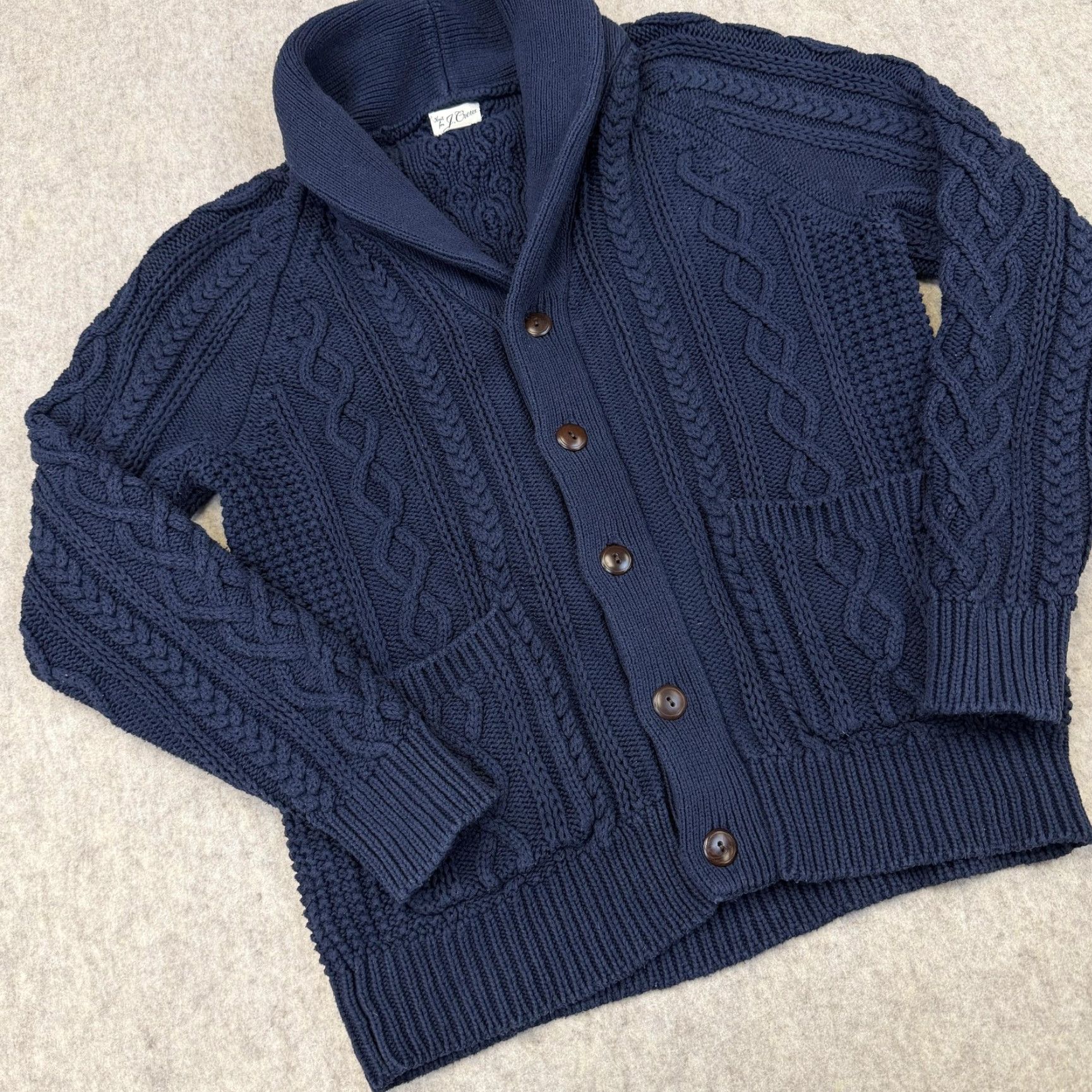 J.Crew Cable Knit 3-D Shawl Sweater Chunky Men's Medium J. Crew BA280 Cable Knit 3-D Shawl Sweater Cardigan with Pockets Blue M Men Size US M / EU 48-50 / 2 - 4 Thumbnail