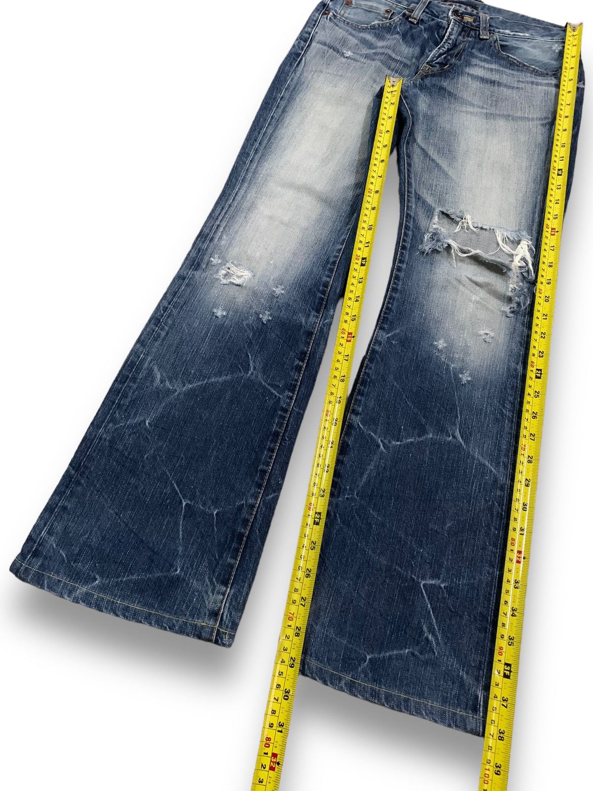 If Six Was Nine Japanese Blue Way Cracked Wash Cross Distressed Flare Jeans Size US 30 / EU 46 - 14 Thumbnail