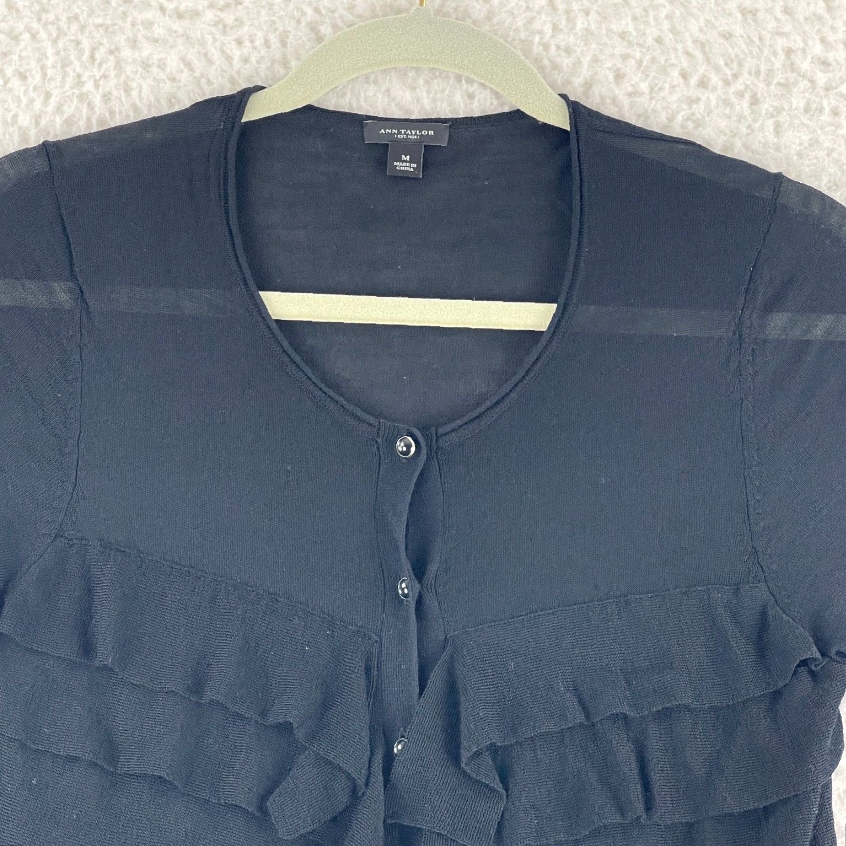 Ann Taylor Ann Taylor Cardigan Womens Medium Black Button Front Ruffle Lightweight Casual Size M / US 6-8 / IT 42-44 - 3 Thumbnail