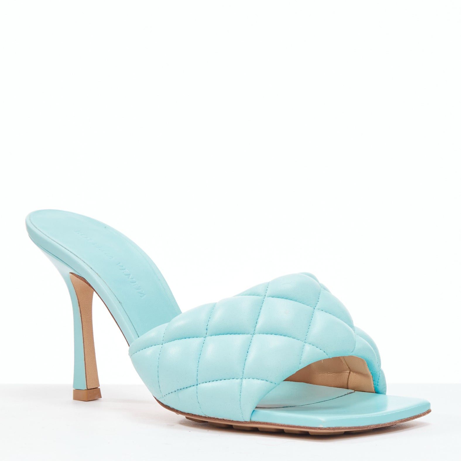 Bottega Veneta BOTTEGA VENETA Padded Matelasse light blue leather open square toe mule sandals EU37 Size US 7 / IT 37 - 1 Thumbnail