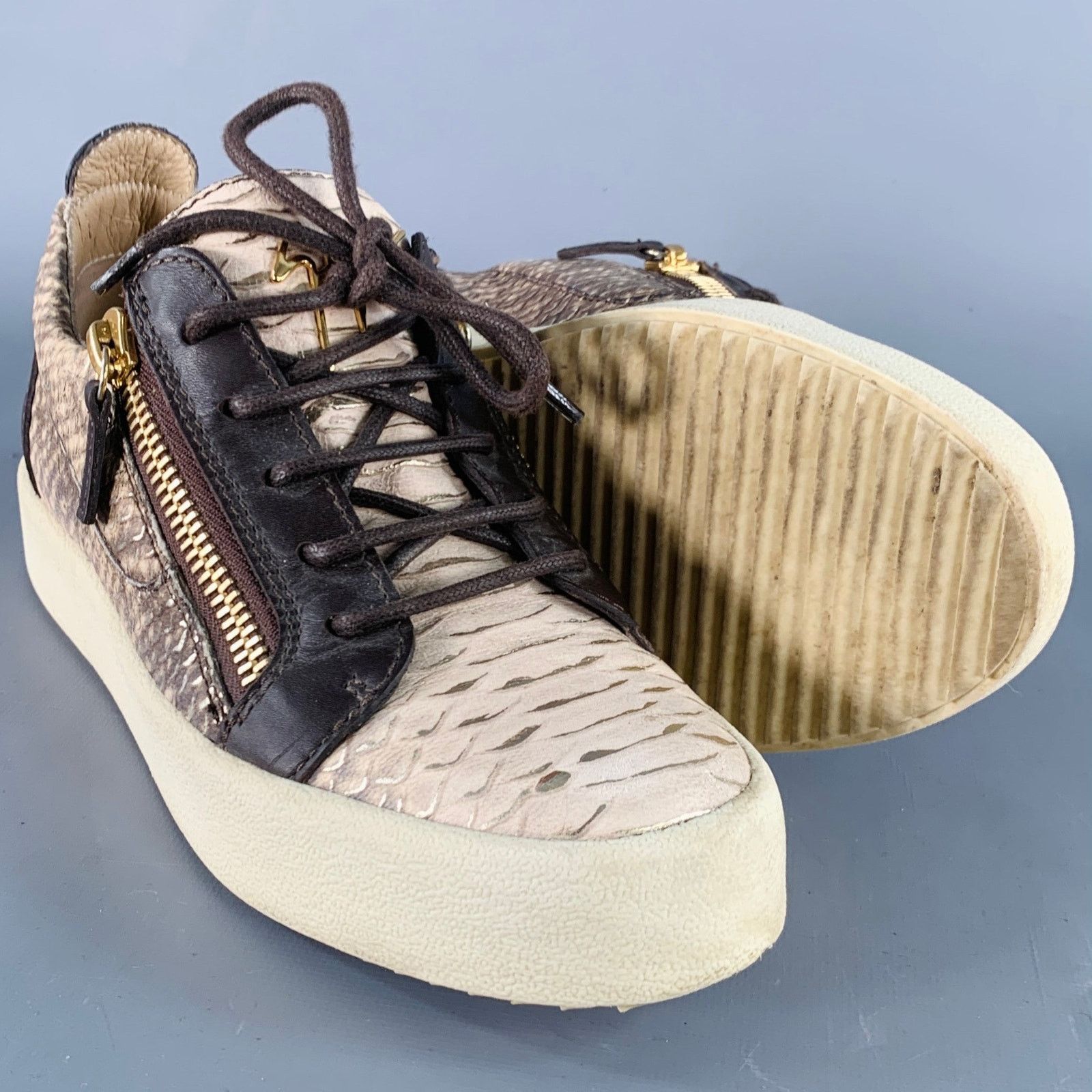 Giuseppe Zanotti 9 Beige Brown Leather Textured Double Side Zipper Sneakers Size US 9 / IT 39 - 5 Thumbnail