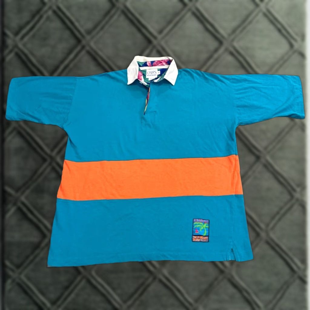 VINTAGE Chaps Ralph Lauren Tropical Color Block Shirt M Blue Orange Collared Short Sleeve Men's Polo Shirt