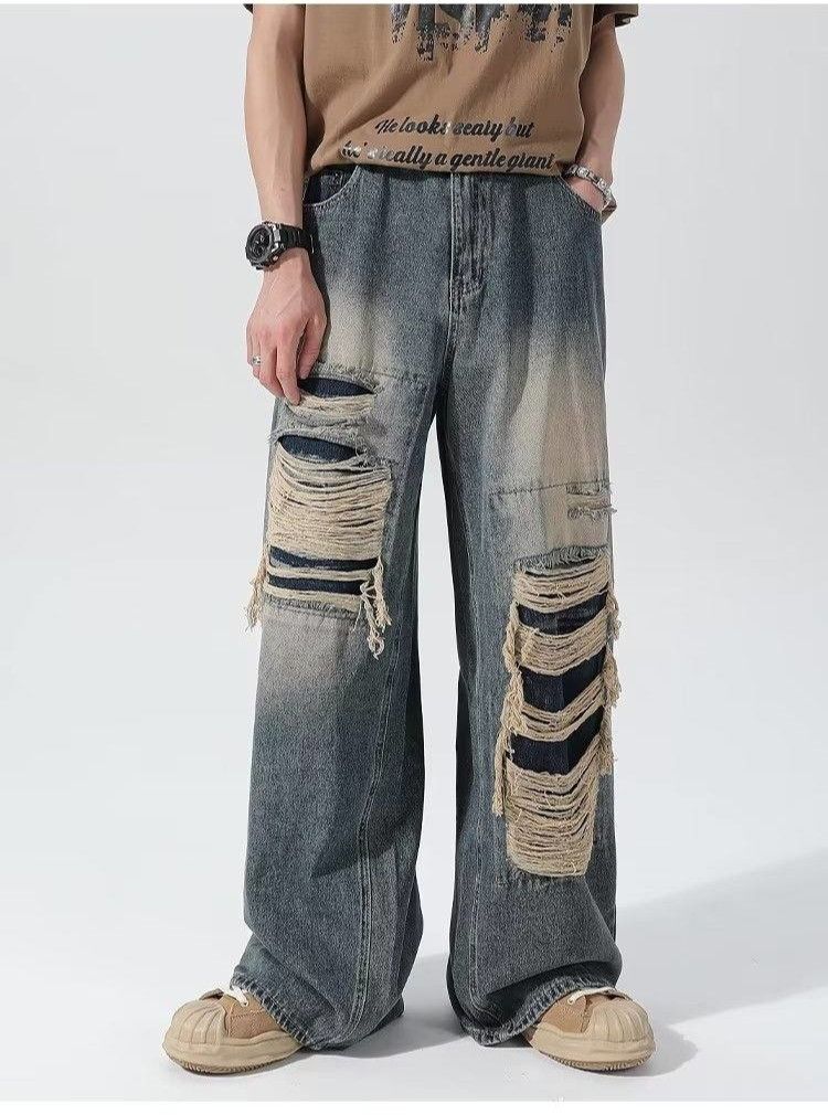 Vintage Loose Holes Spliced Jeans