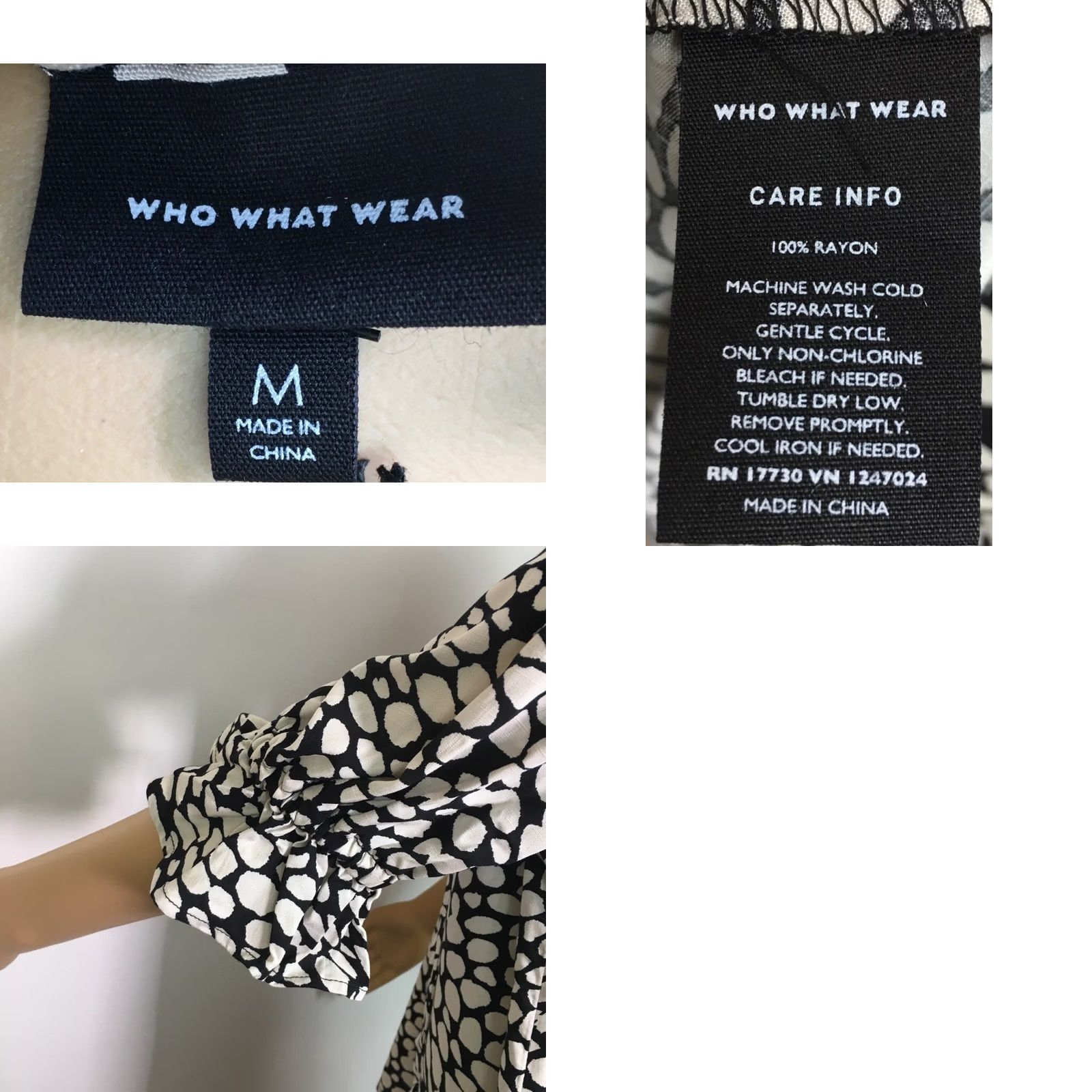 Vintage WHO WHAT WEAR Blouse Tunic Top Womens M Black Animal Print 3/4 Bell Sleeve V Neck New Size M / US 6-8 / IT 42-44 - 8 Thumbnail