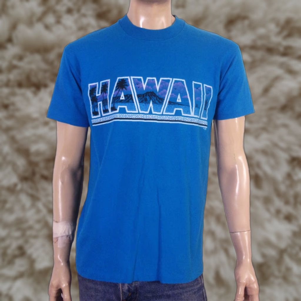 vintage Stedman T-Shirt Hawaii 1985 Blue Cotton Short Sleeve Crew Neck Men L Beach Palm Trees 80s Sunset tropical single stitch USA