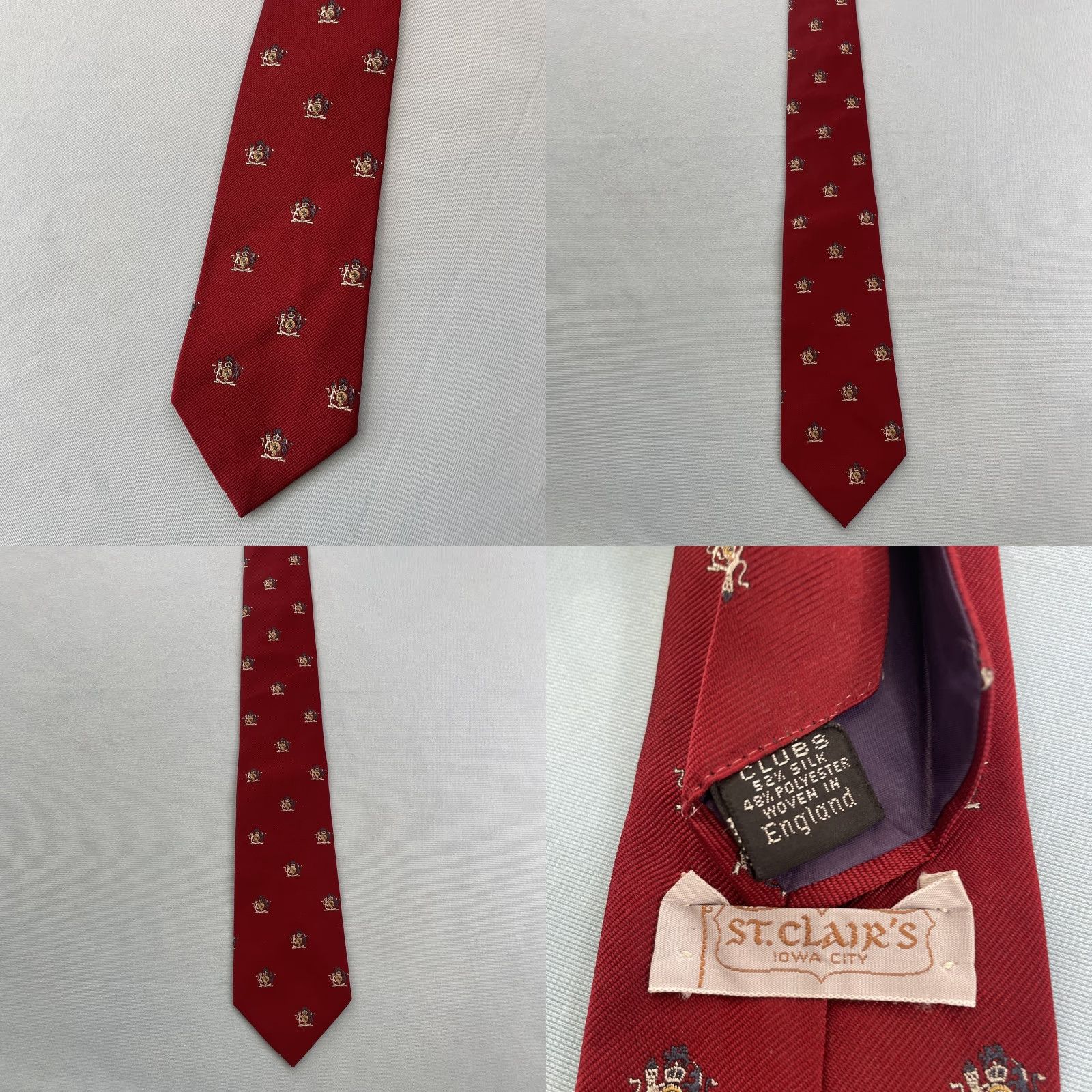 Vintage St. Clair's vtg Necktie Clubs English Woven Silk Poly Tie Unicorn Crest Red 3x57 Size ONE SIZE - 9 Thumbnail