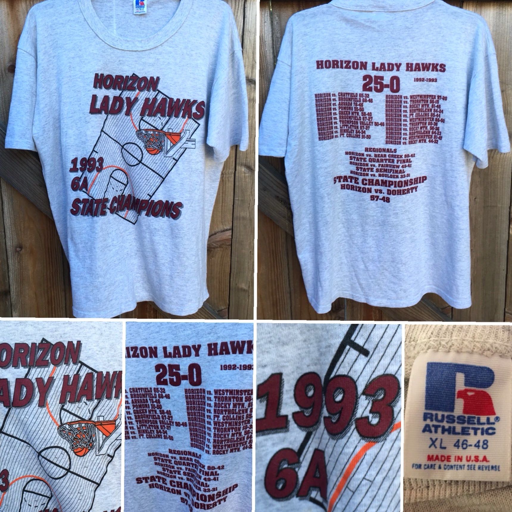 Russell Athletic VINTAGE Horizon Lady Hawks 1993 6A STATE CHAMPIONS T-Shirt XL gray USA Russell Athletic Unisex 1990s Graphic Tee Size US XL / EU 56 / 4 - 2 Thumbnail