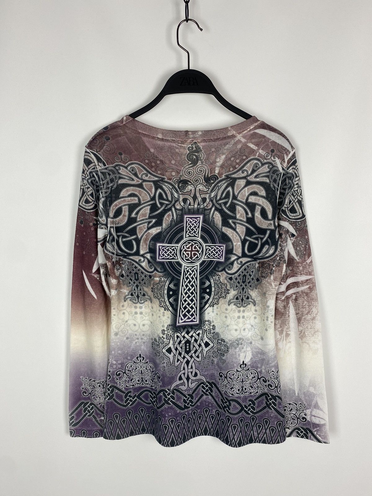 Vintage Y2K Davida Rhinstone Cross Tribal Graphic Mesh Long Sleeve Size L / US 10 / IT 46 - 9 Thumbnail