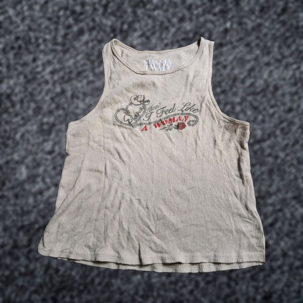 Vintage Shania Twain Tank Top Shirt - Feel Like A Woman - Womens L Tan Cotton Sleeveless Crop 90s Country Music Size L / US 10 / IT 46 - 1 Thumbnail