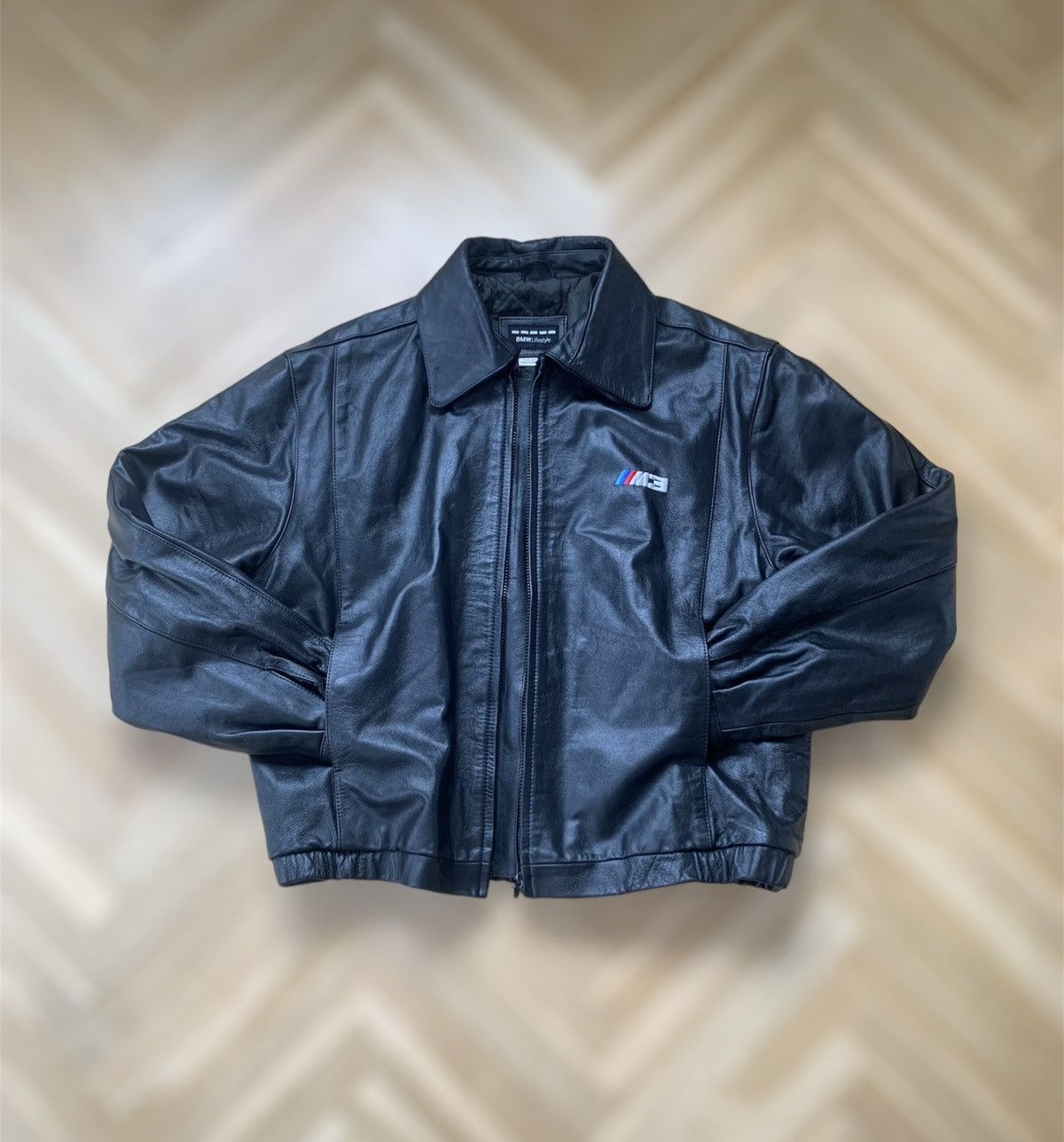image of Bmw Leather Bomber Jacket in Black, Men's (Size Large)