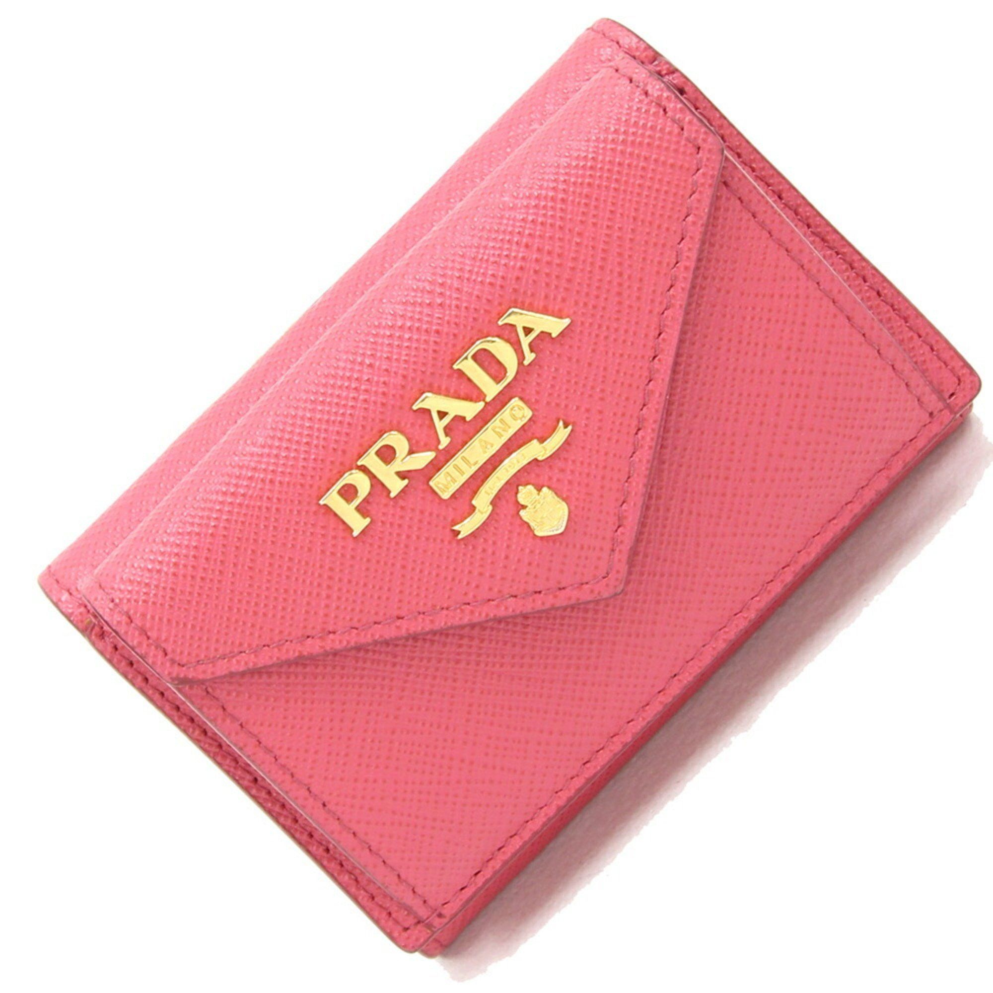 image of Prada Tri-Fold Wallet 1Mh021 Pink Beige Leather Compact Small Women's Prada
