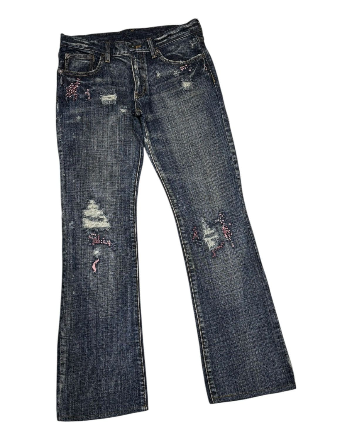 Army Of Me × If Six Was Nine × Japanese Brand Flare Jeans Bootcut Coat Of Arms Distressed Jeans Size 29" - 3 Thumbnail