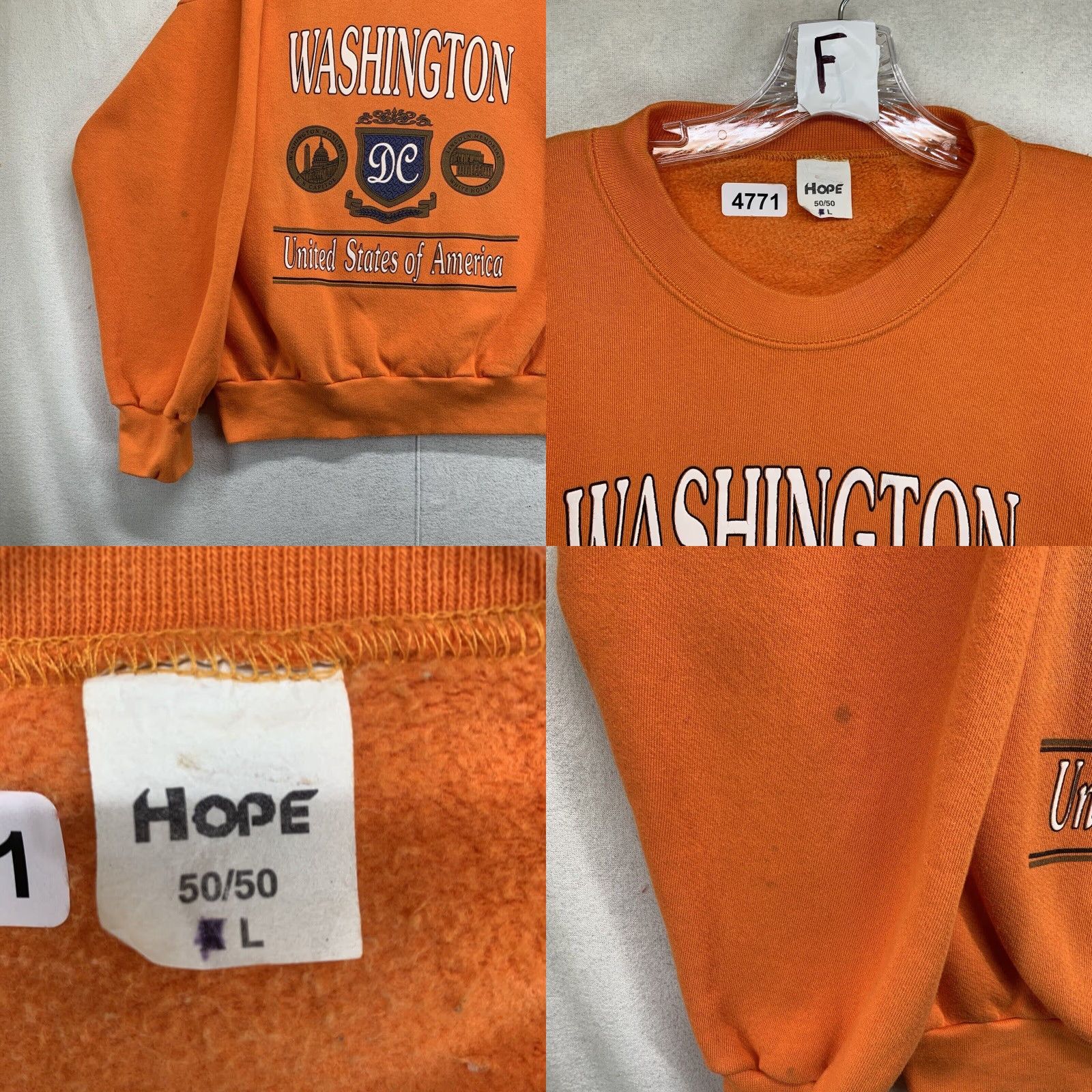 Hope VINTAGE Washington DC Sweatshirt Mens L/M BOXY Fit Orange Logo Crew Neck Pullover Long Sleeve Cotton Polyester Fleece Travel 90s 80s Souvenir Size US L / EU 52-54 / 3 - 8 Thumbnail